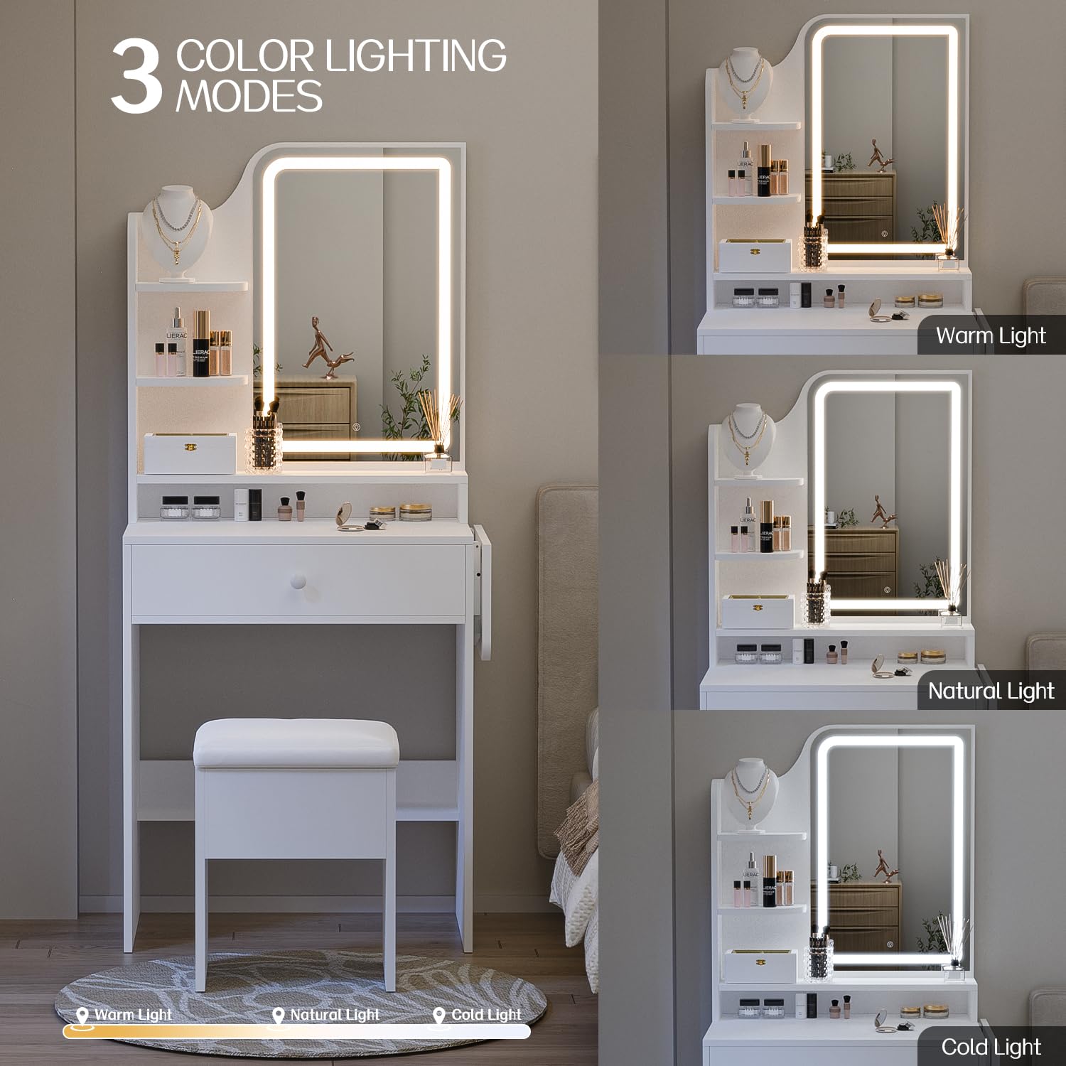 Haewon White Small Vanity Desk Set with Mirror & LED Lights - Compact Makeup Table with Charging Station, Storage & Chair - Perfect for Small Bedrooms, Dorm Rooms & Apartment Beauty Stations