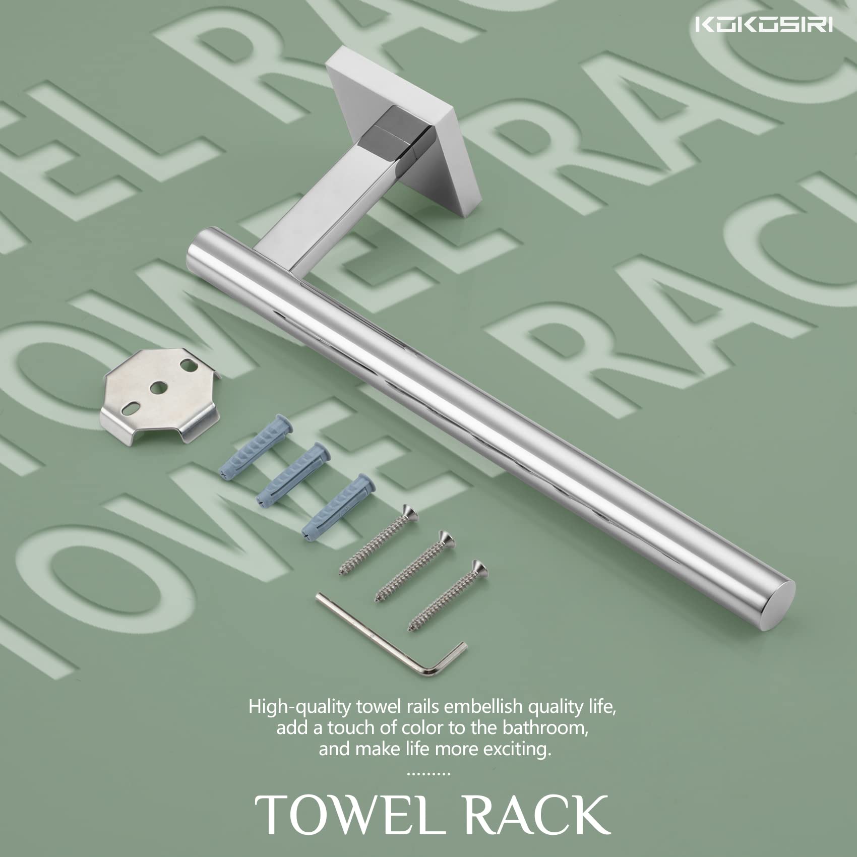 KOKOSIRI Chrome Towel Bar - Stainless Steel Wall Mounted Bathroom Towel Holder, Kitchen Paper Roll Holder for Toilet Cabinet - Polished B3008CH - Perfect for Modern Bathrooms & Kitchens