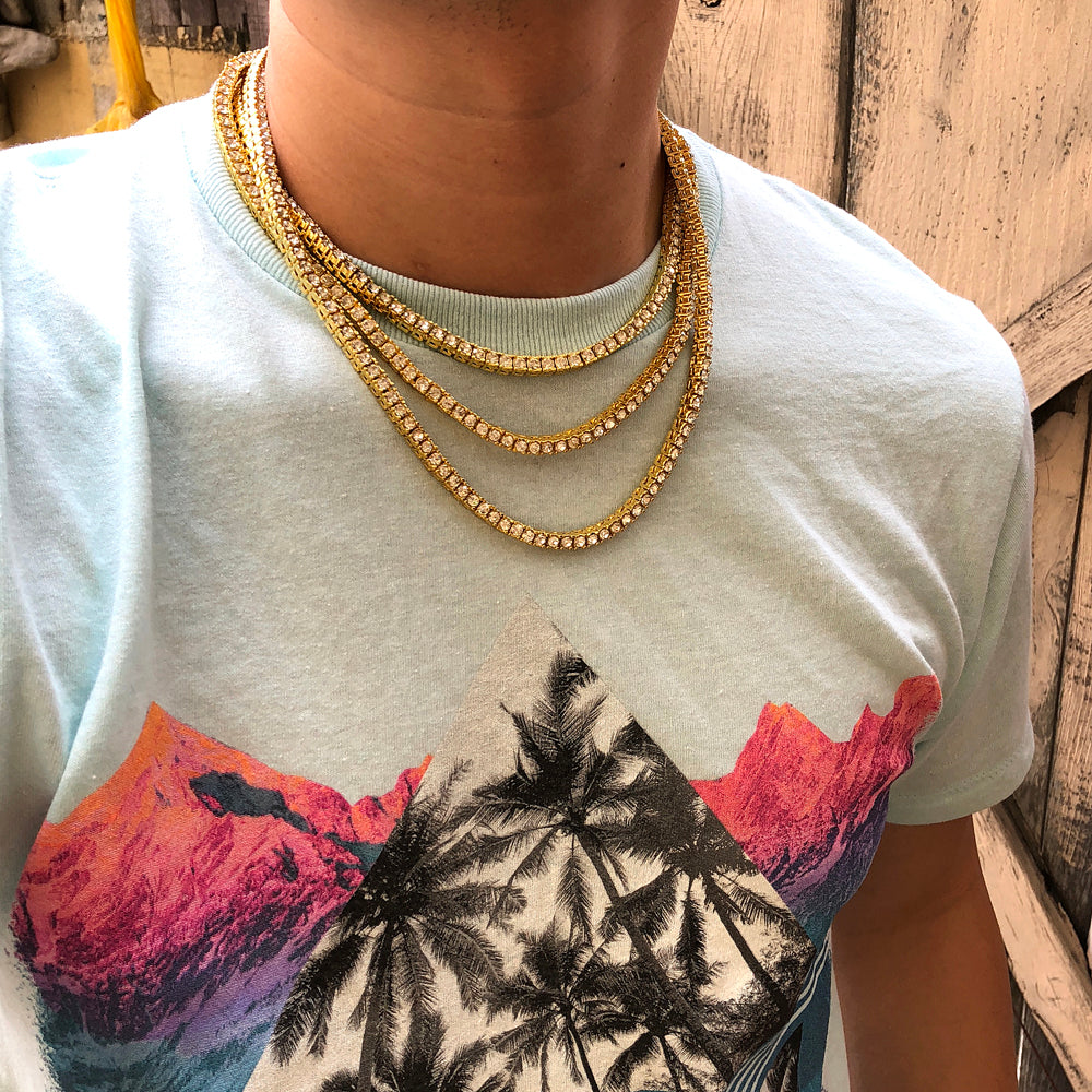 1 Row Tennis Chain for Men & Women - 14K Gold Plated Stainless Steel Necklace - Perfect for Casual Wear, Parties & Gifts