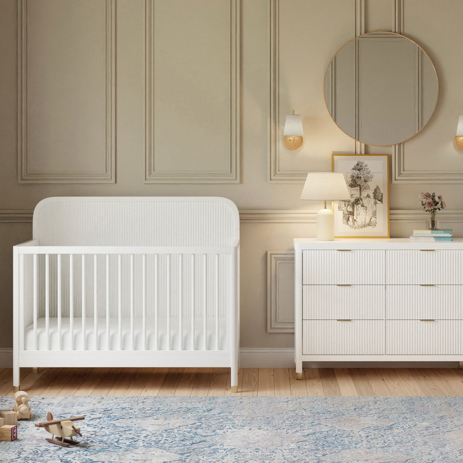Brimsley Tambour 4-in-1 Convertible Baby Crib - White Wooden Nursery Furniture for Newborn to Toddler - Perfect for Bedroom, Daycare & Guest Room