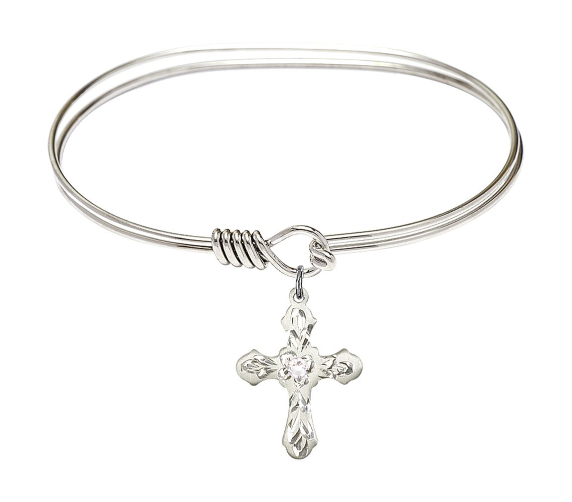 7 Inch Oval Eye Hook Bangle Bracelet with Cross Charm & April Birthstone Crystal - Elegant Jewelry for Women, Gift for Birthday, Anniversary & Special Occasions