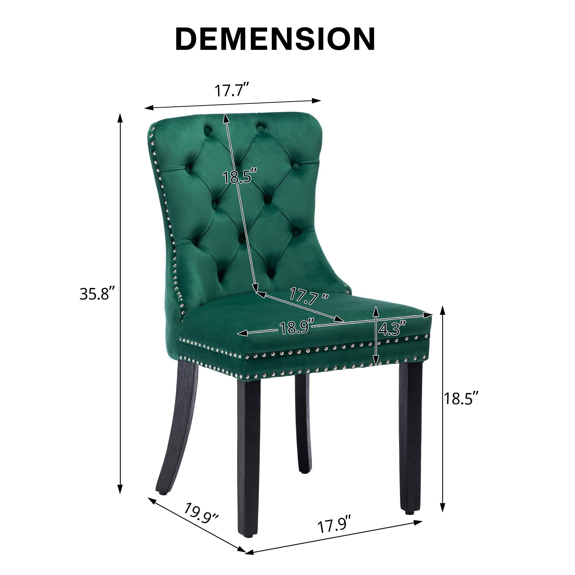 KCC Velvet Dining Chairs Set of 2 - Upholstered Tufted Modern Dining Room Chairs with Nailhead Trim & Solid Wood Legs, Nikki Collection Green Velvet Kitchen Chairs for Dining Room, Restaurant & Home Decor