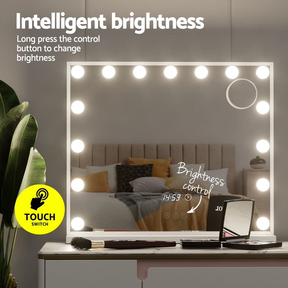 Embellir Hollywood Makeup Mirror with 15 LED Lights - 60x52cm Vanity Mirror with Touch Control & Time Display for Professional Makeup, Skincare, and Salon Use