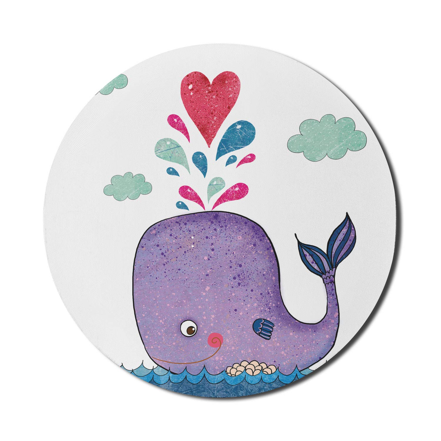 Ambesonne Whale Computer Mouse Pad - Non-Slip Round Gaming Mousepad with Smiling Whale, Hearts & Clouds Ocean Design, 8 Inch Thick Rubber Base in Purple Blue Red - Perfect for Office, Gaming & Home Workspace