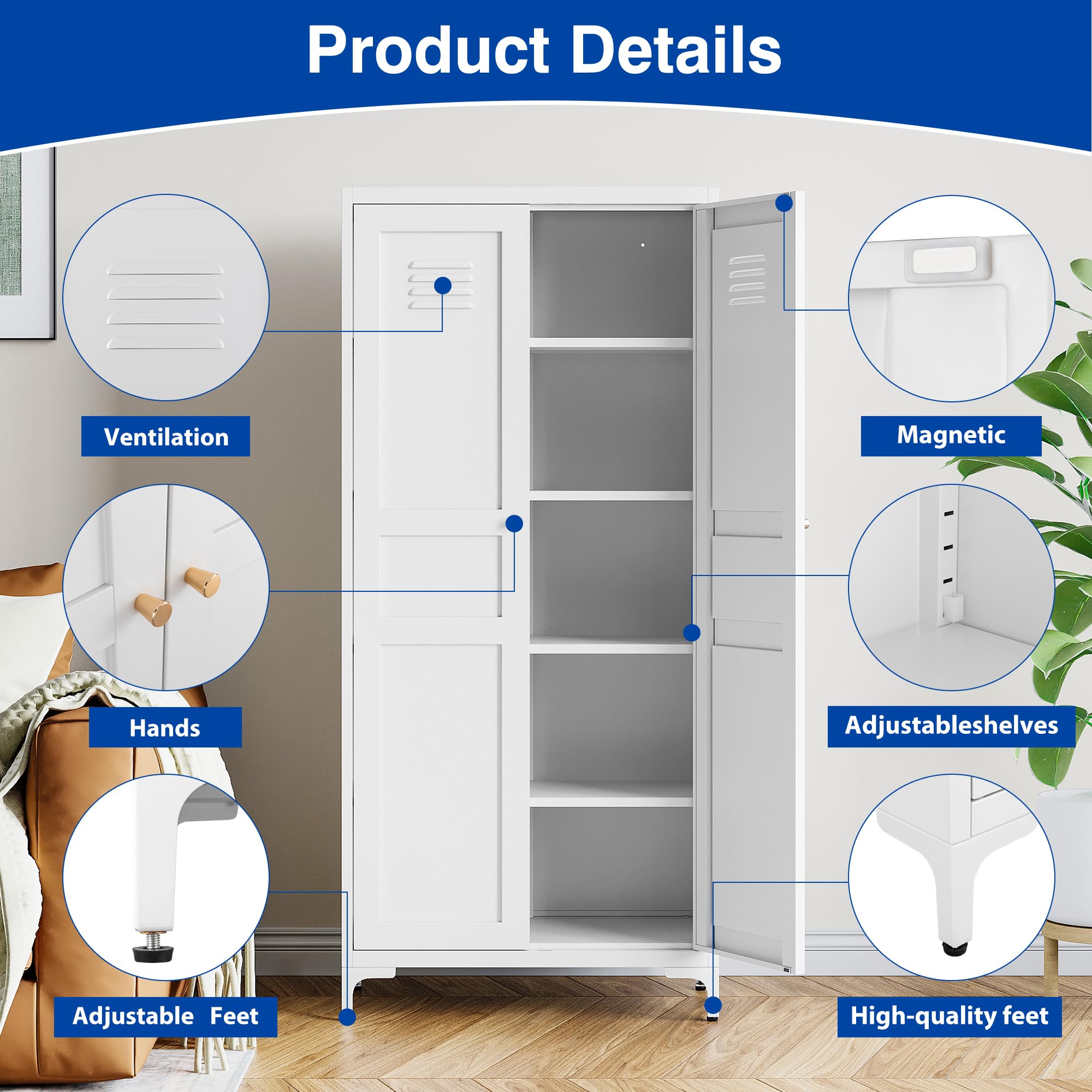 White 61-Inch Adjustable Metal Pantry Cabinet with Shelves & Feet - Kitchen, Living Room, Dining Room & Bathroom Storage Organizer for Home & Office Use
