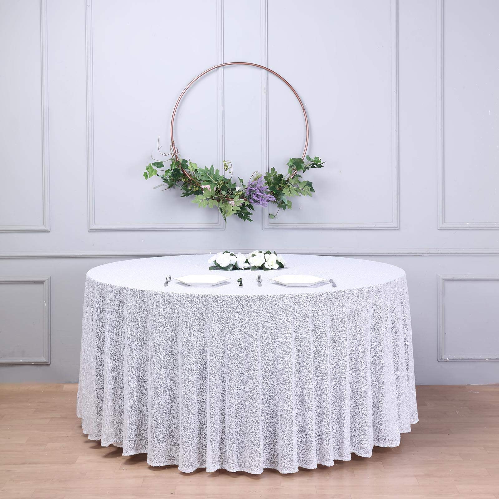 BalsaCircle 120-Inch White Sequin Round Tablecloth - Elegant Wedding Party Decor, Cake Table Cover, Dessert Display, Banquet & Special Event Table Linens - Perfect for Bridal Showers, Birthday Parties, and Holiday Celebrations