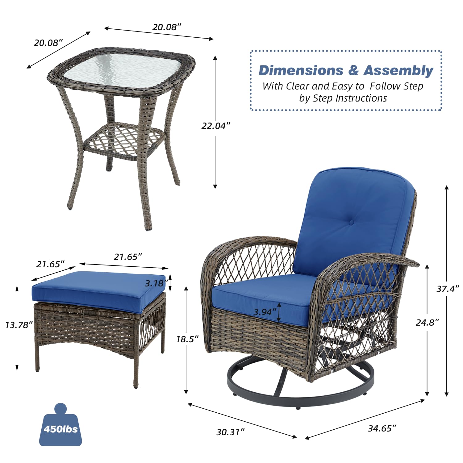 EROMMY 3-Piece Outdoor Swivel Rocking Chair Set with 360° Rotation, Thickened Cushions & Glass Coffee Table - Navy Blue Patio Furniture for Backyard, Garden, Poolside or Deck Relaxation