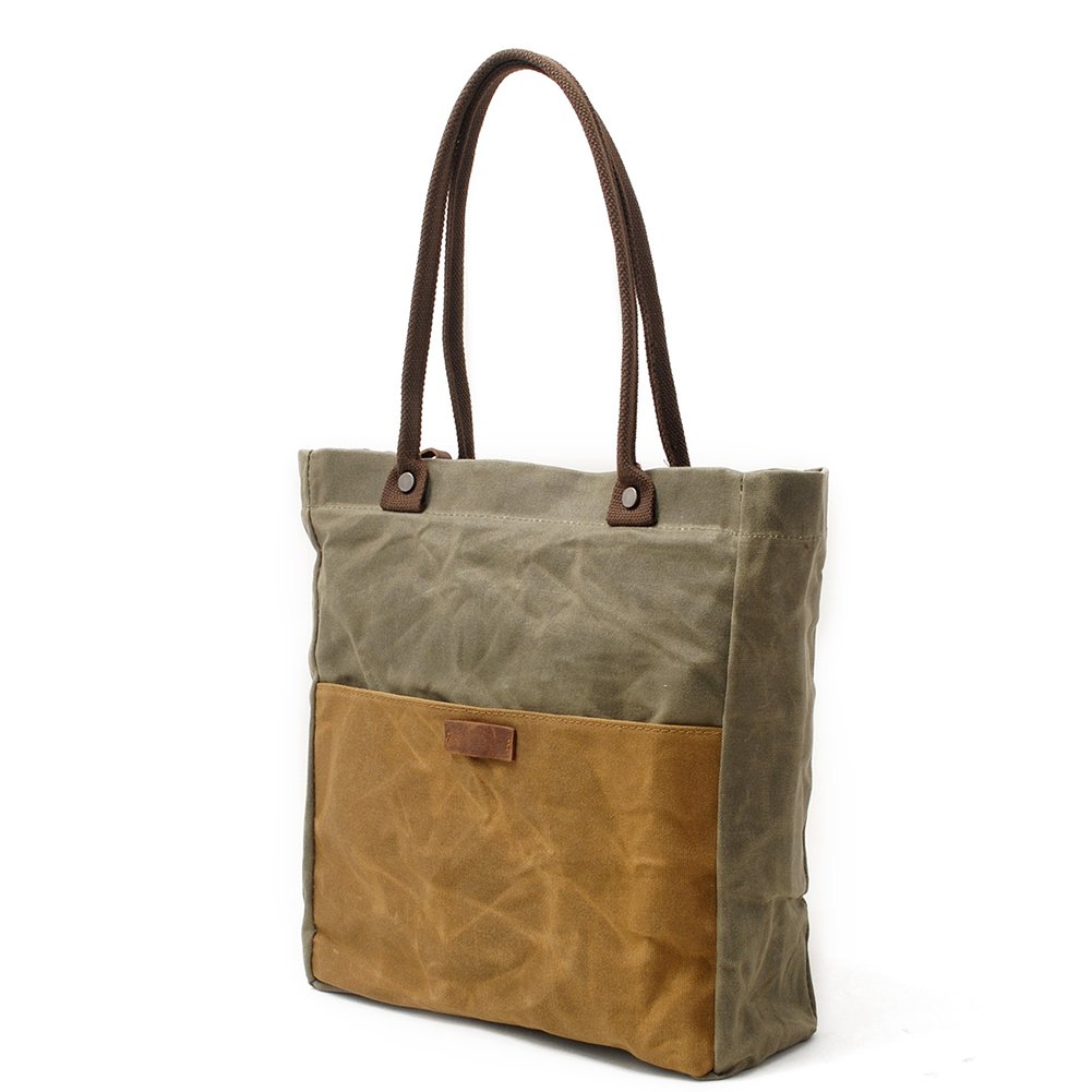 Durable Women's Waxed Canvas Tote Bag with Genuine Leather Trim - Waterproof Shoulder Purse for Work, Travel & Everyday Use - Fits 14