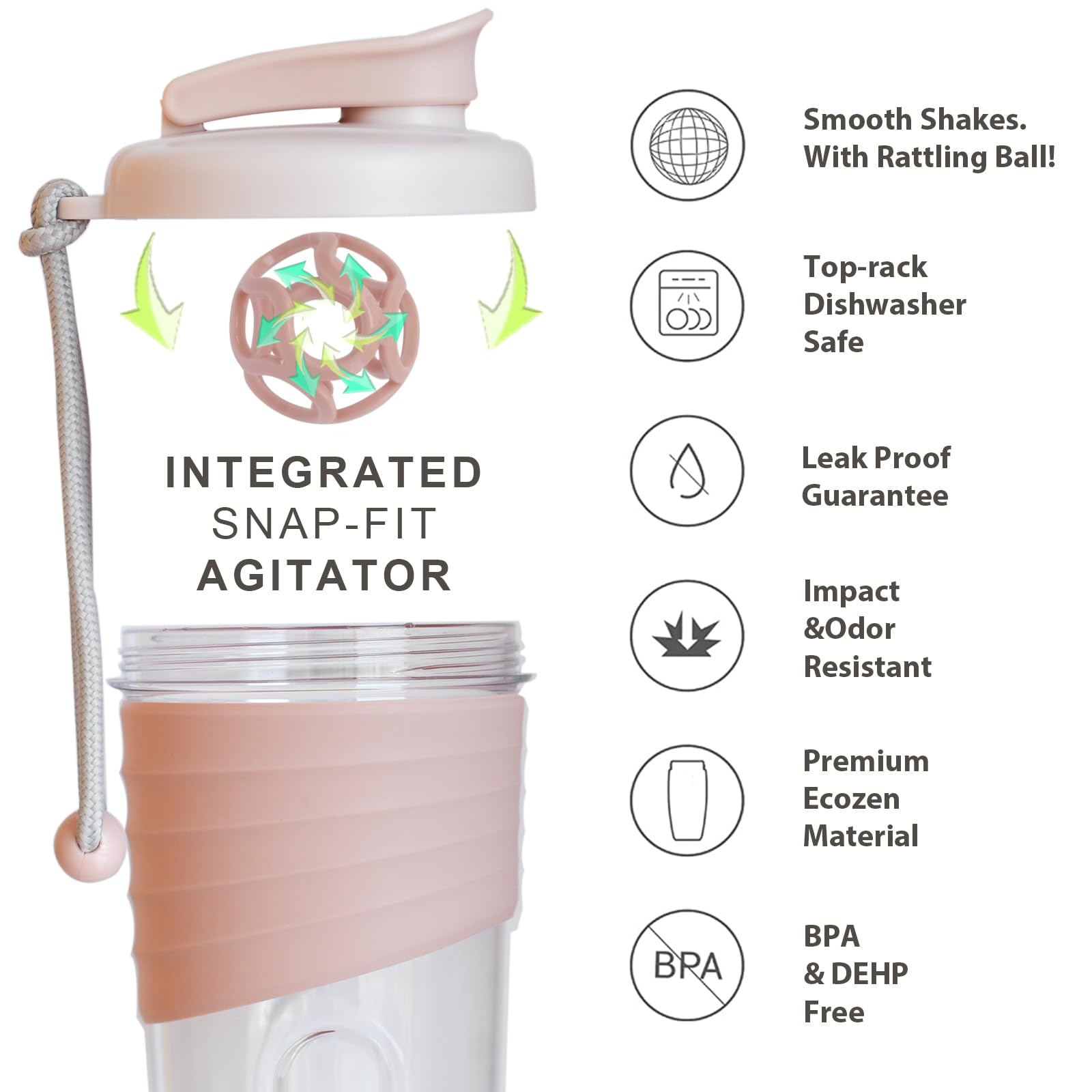 24 oz Protein Shaker Bottle with Whisk Ball - Portable Mixer Cup for Pre Workout, Whey Protein & Supplements - Gym, Fitness & Travel Essentials - Pink
