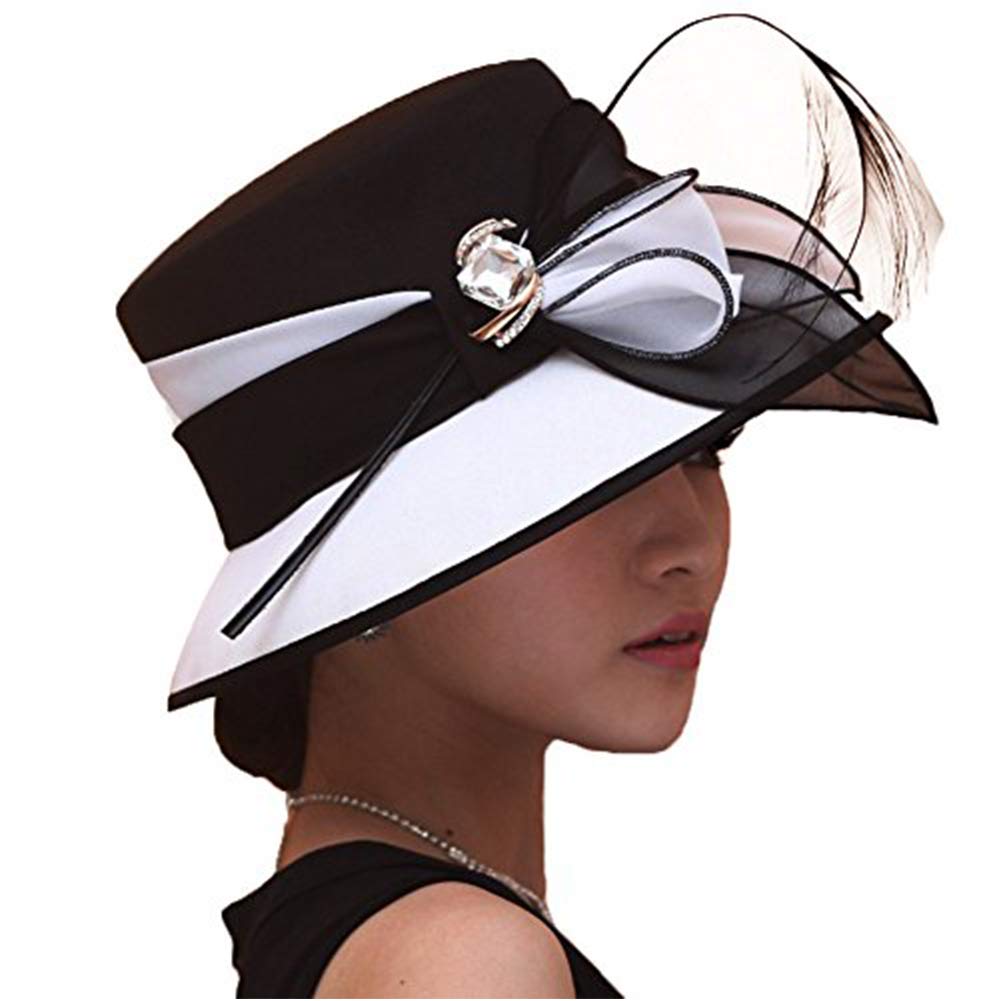 Elegant Black & White Derby Hats with Feather for Women | Formal Church & Wedding Hats | Stylish Bucket Hat for Sunday Service, Tea Party & Special Occasions