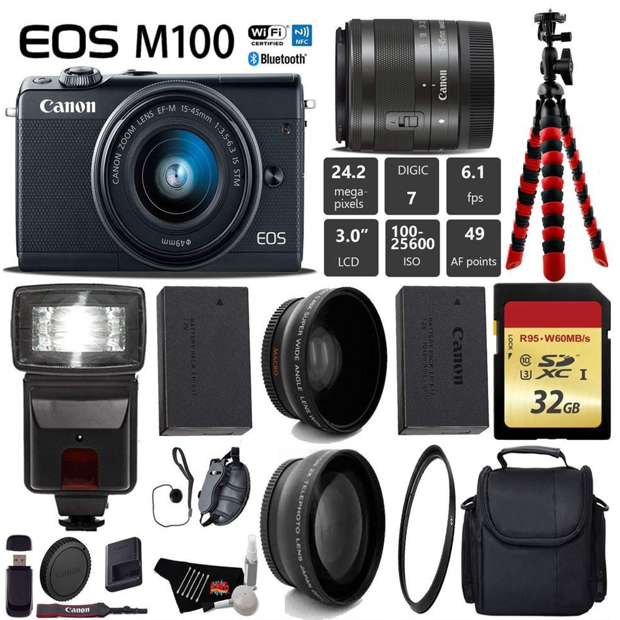 Canon EOS M100 Mirrorless Digital Camera with 15-45mm Lens Kit - Includes Flash, UV/FLD/CPL Filters, Wide Angle & Telephoto Lenses & Camera Case - Perfect for Travel, Vlogging & Photography Enthusiasts
