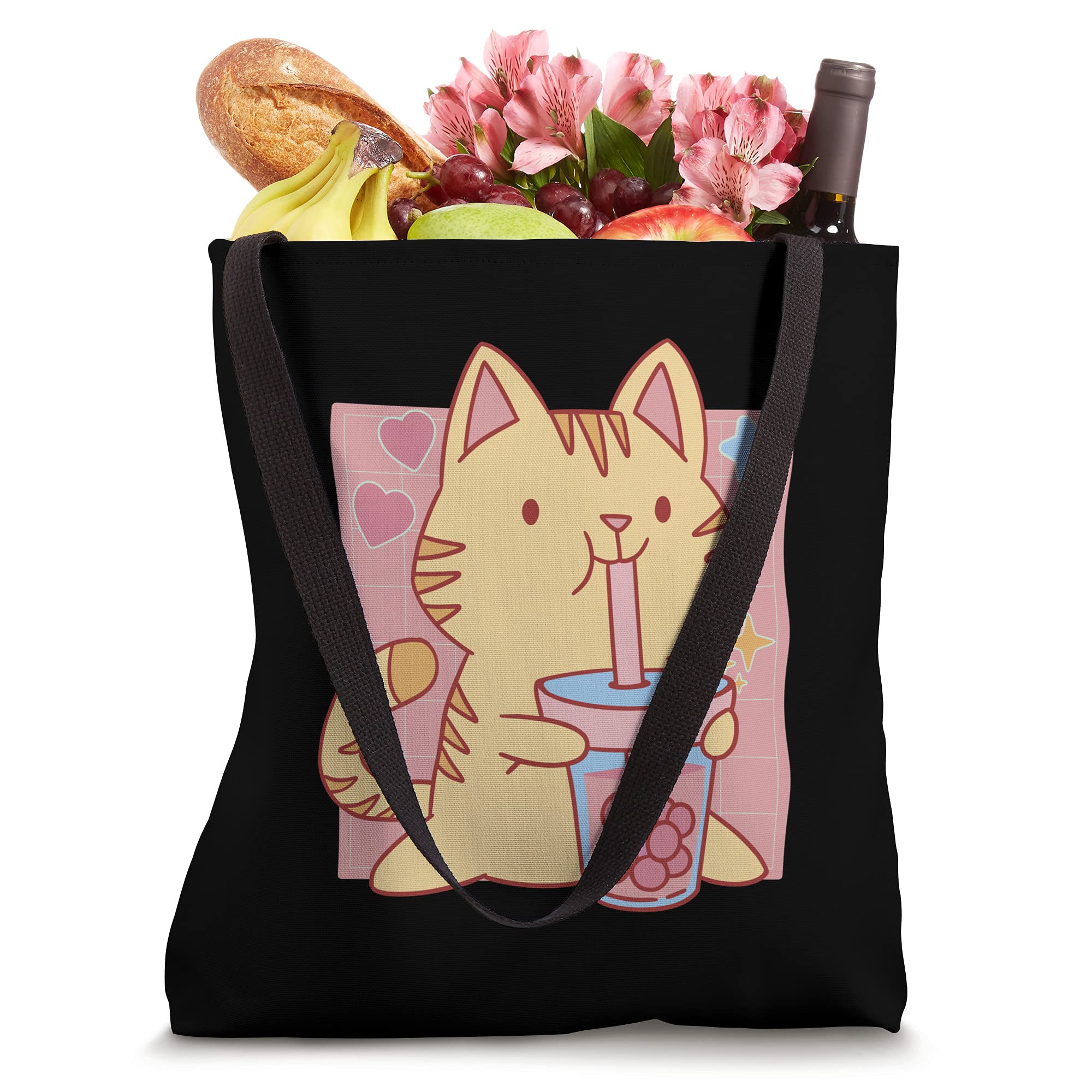 Boba Cat Cartoon Bubble Tea Drink Pet Abstract Floral Tote Bag - Cute & Trendy Reusable Shopping Bag for Women, Girls, Tea Lovers - Perfect for Grocery, Beach, Work & School