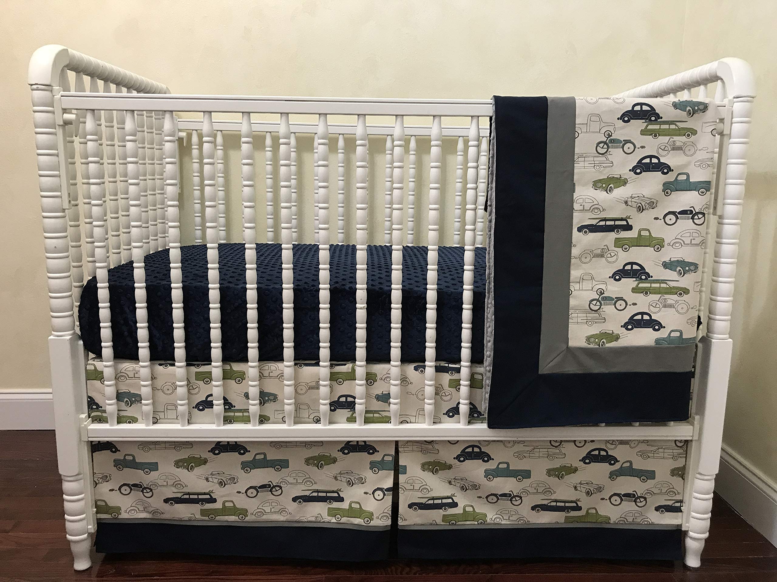 Vintage Cars and Trucks Baby Boy Crib Bedding Set - Navy & Gray Crib Sheet, Skirt, Blanket | Nursery Decor for Boys, Newborn Essentials, Baby Shower Gift