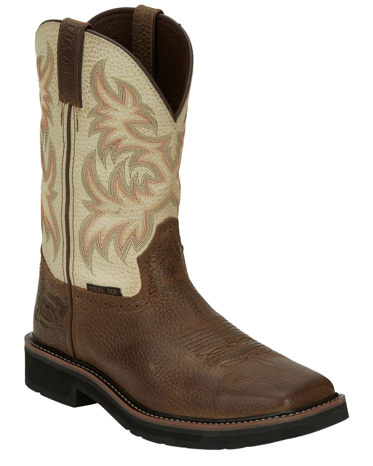 Justin Men's Stampede Square Toe White Work Boots - Durable Safety Shoes for Construction, Ranch & Outdoor Work
