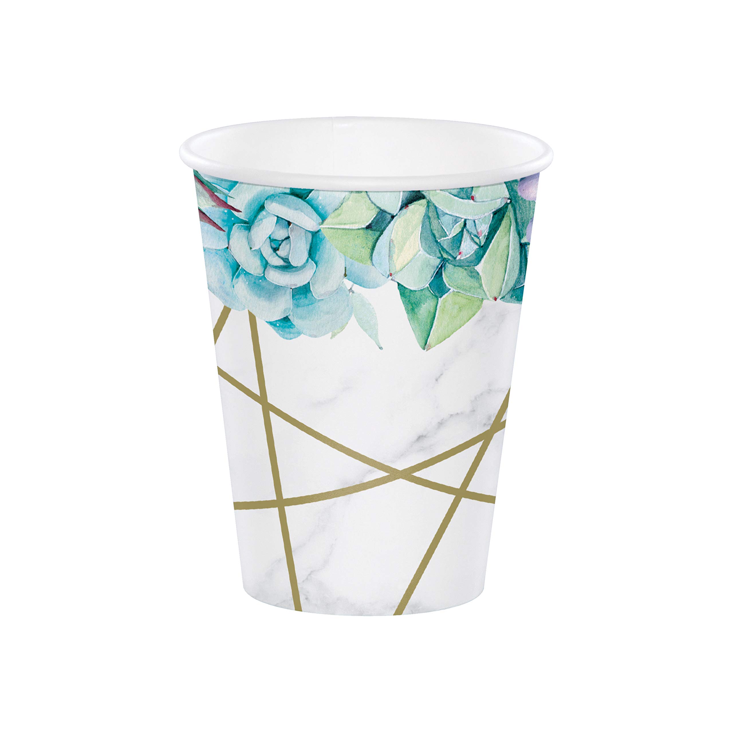 Geometric Succulents Paper Cups 12 oz - Stylish Gray, White & Gold Disposable Cups for Parties, Weddings & Home Decor