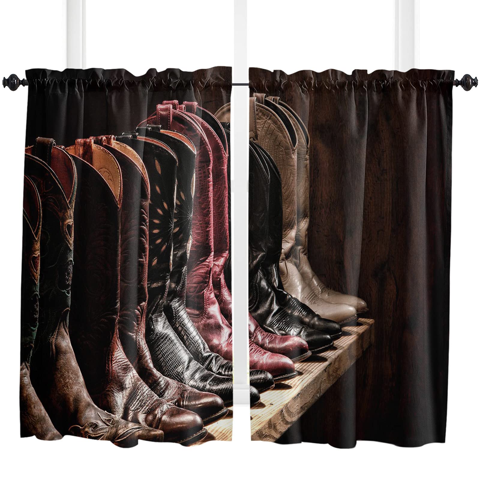 Vintage Western Cowboy Boots Window Curtains 54 Inches Long - Farmhouse Style Rod Pocket Small Short Cafe Drapes for Living Room, Bedroom, Kitchen & Bathroom - Perfect for Western Decor, Country Homes & Rustic Interior Design