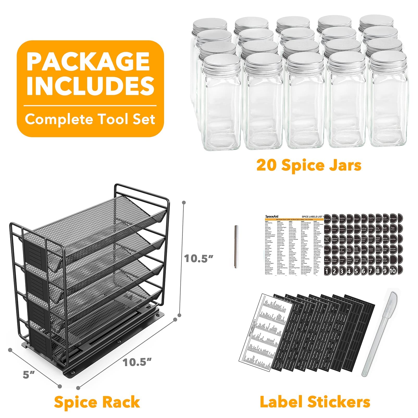 SpaceAid Pull-Out Spice Rack Organizer with 20 Jars - Heavy Duty Slide-Out Seasoning Storage for Kitchen Cabinets - Includes 801 Labels & Chalk Marker (Left Facing) - Perfect for Pantry Organization & Cooking Convenience