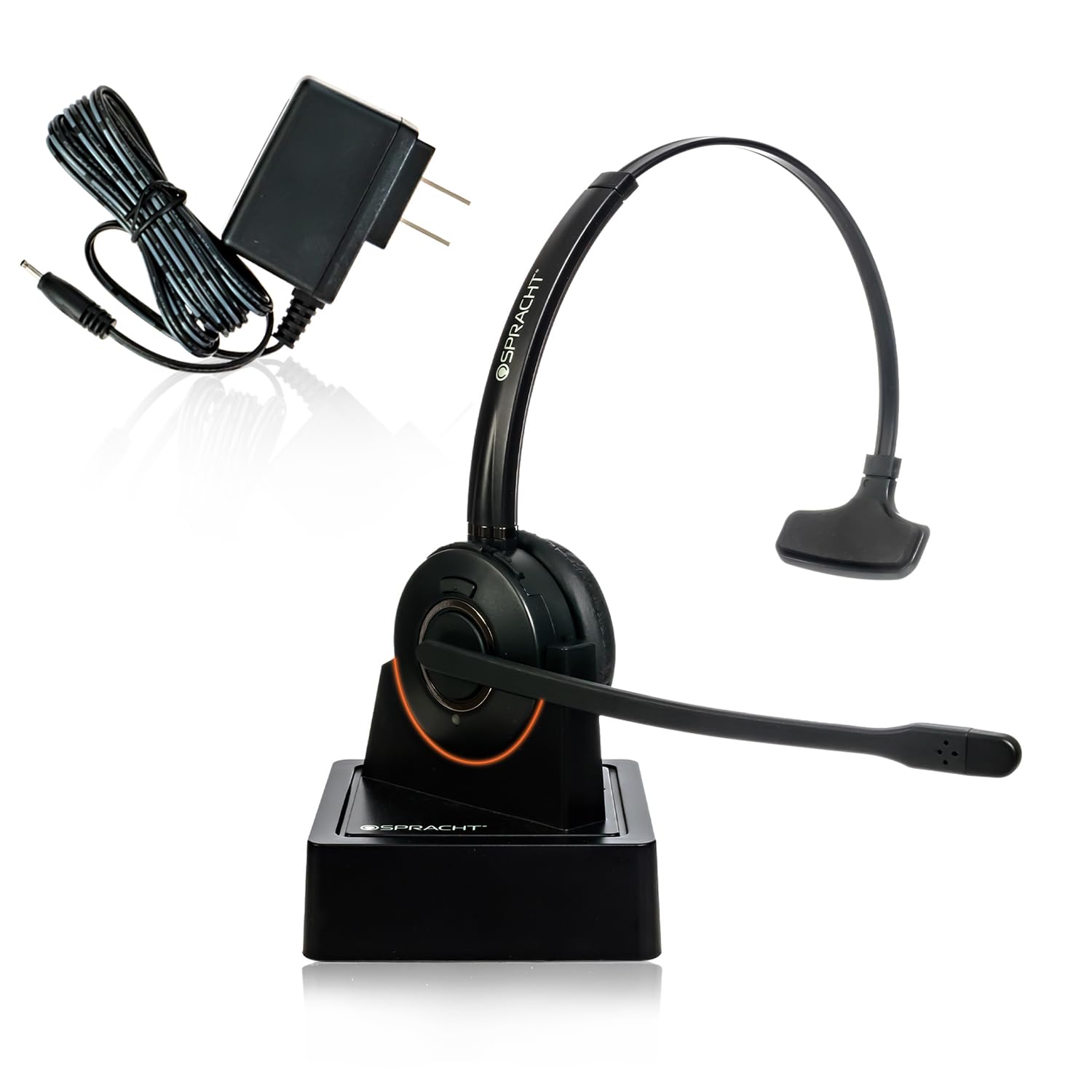 Spracht HS-2050 Single Ear Wireless Bluetooth Headset with Charging Base | Noise Cancelling Headphones with Mic for PC, Laptop, Work from Home, Skype, Zoom, Call Centers, Office & Truck Drivers - Perfect for Remote Work, Online Meetings & Professional Calls