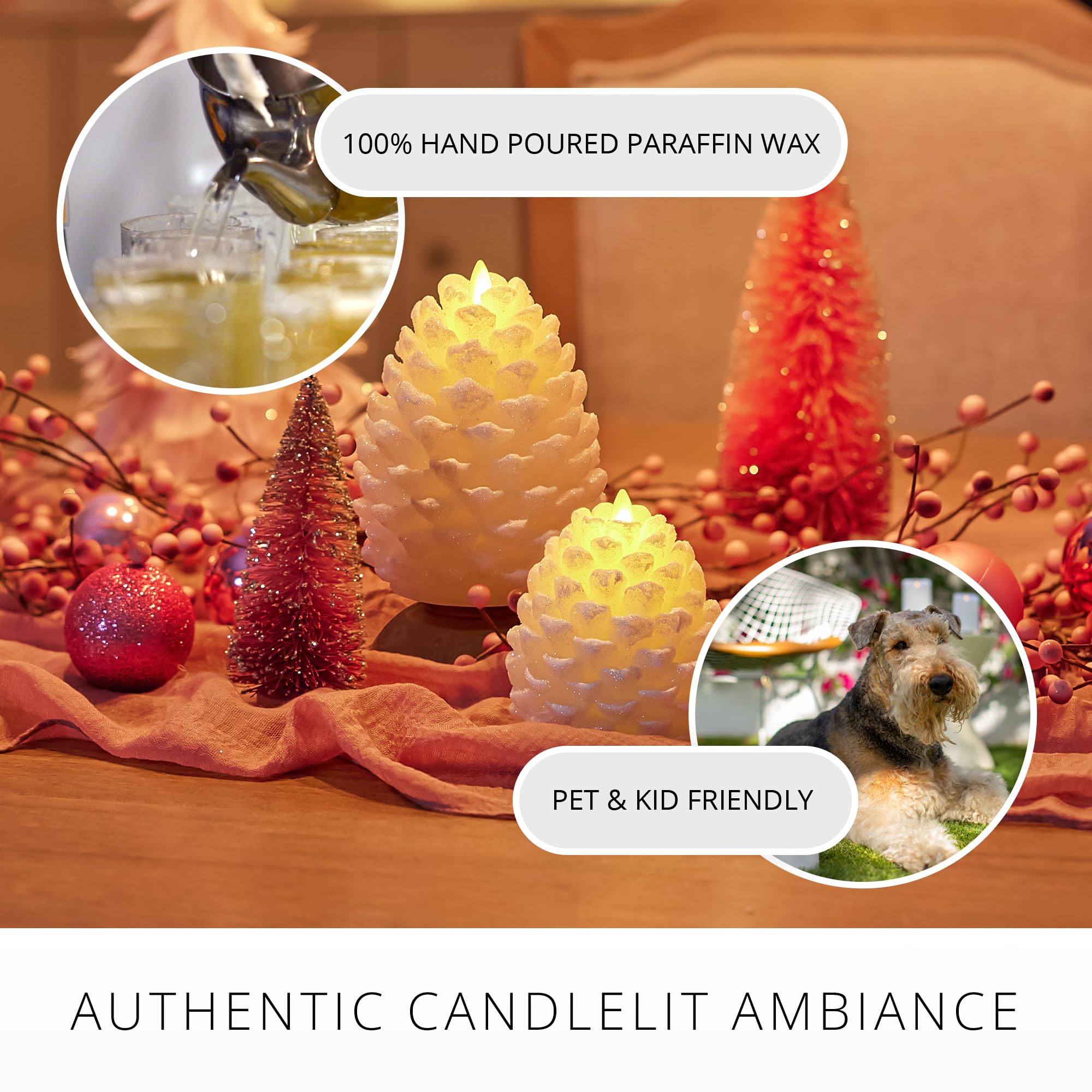 Luminara Flameless LED Pinecone Candle - White Swan Glitter Snow Finish, Real Wax Unscented, Battery Operated with Timer - Perfect for Christmas Decor, Holiday Centerpiece, Winter Home Decor (3.9