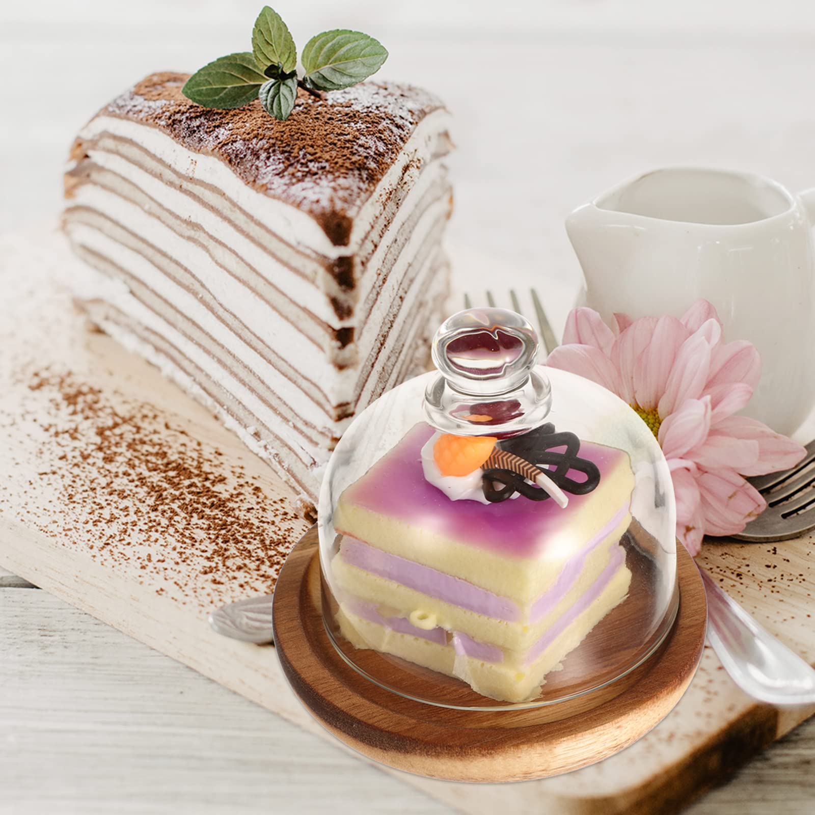 Round Wood Cake Stand with Clear Cloche Dome - 10CM Wooden Cake Plate Server & Pastry Display Cover for Desserts, Wedding Cakes, and Party Treats - Perfect for Home Baking, Tea Parties, and Bakery Showcases