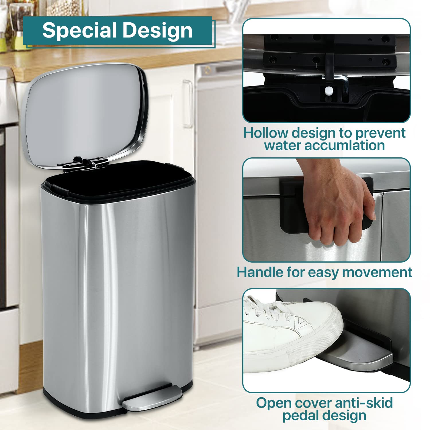 13 Gallon Stainless Steel Step Trash Can with Lid - 50L High Capacity Kitchen Garbage Bin for Home, Office, Bathroom & Bedroom - Removable Inner Bucket for Easy Cleaning - Perfect for Recycling & Waste Separation