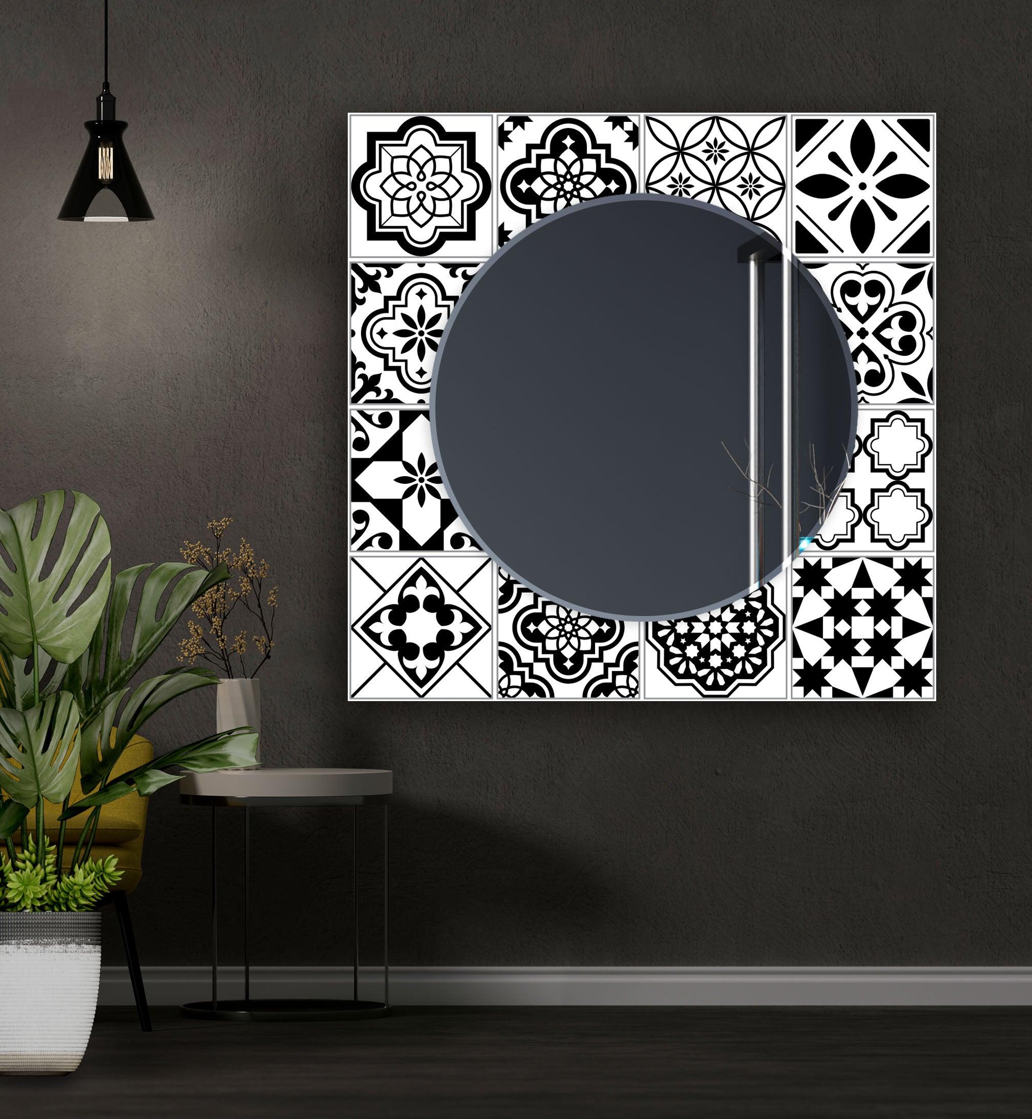 Black and White Mosaic Wall Mirror - Decorative Bathroom Vanity Mirror for Home Decor, Living Room, Bedroom, or Entryway