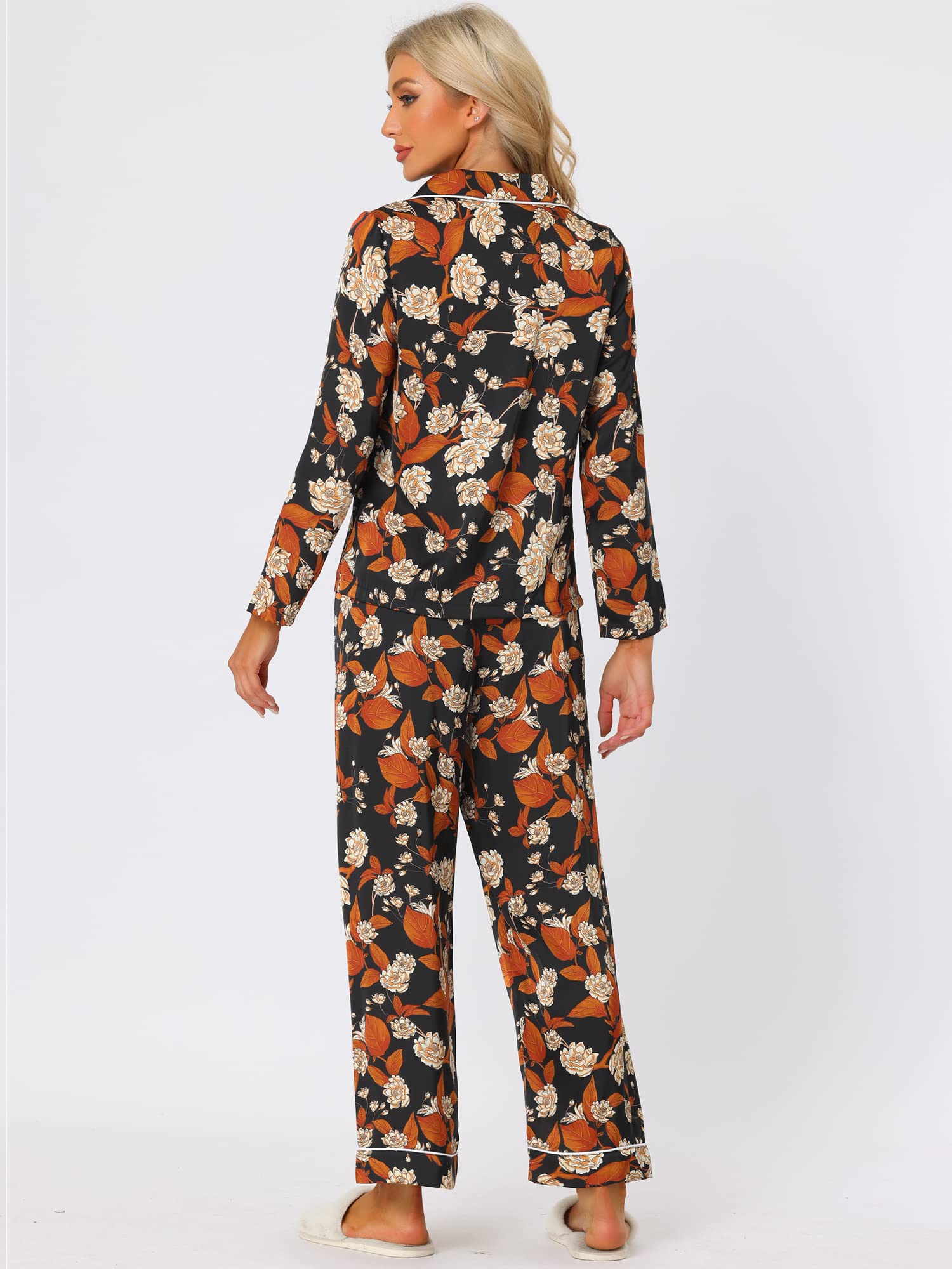 Cheibear Women's Satin Pajama Set - Long Sleeve Button Down Top & Pants Floral Print Sleepwear - Cozy Lounge Wear for Relaxing at Home or Travel