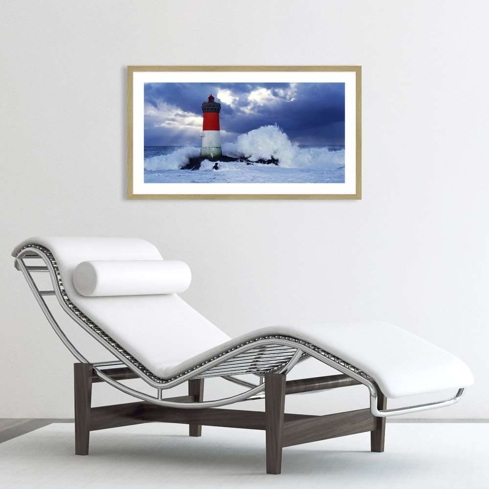 ART PRINT CAFE' – Framed Lighthouse Painting by Jean Guichard, Pierres-noires Lighthouse During Storm – Oak Wood Frame Wall Art – Perfect for Living Room, Bedroom or Office Decor
