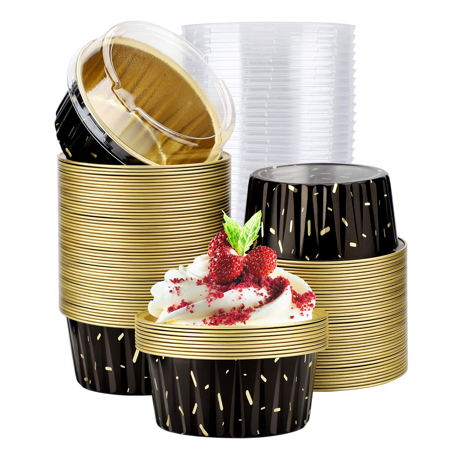 EUSOAR 100pcs 5oz Aluminum Foil Baking Cups with Lids - 125ml Muffin Liners for Cupcakes, Puddings & Desserts | Perfect for Home Baking, Party Treats & Holiday Cooking