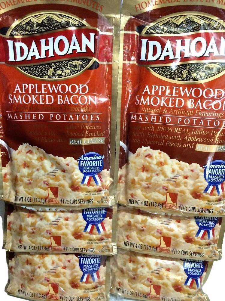 Idahoan Applewood Smoked Bacon Flavored Mashed Potatoes - 4oz Pouch (Pack of 6) | Instant Potato Side Dish for Camping, BBQs & Quick Family Meals