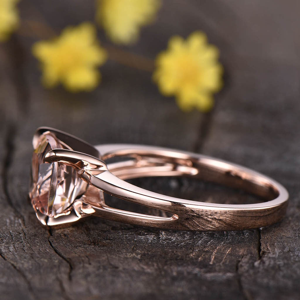 8x8 Cushion Solitaire Morganite Engagement Ring 14k Rose Gold Split Shank Stacking Band - Elegant Wedding Jewelry for Brides, Anniversary Gifts & Special Occasions