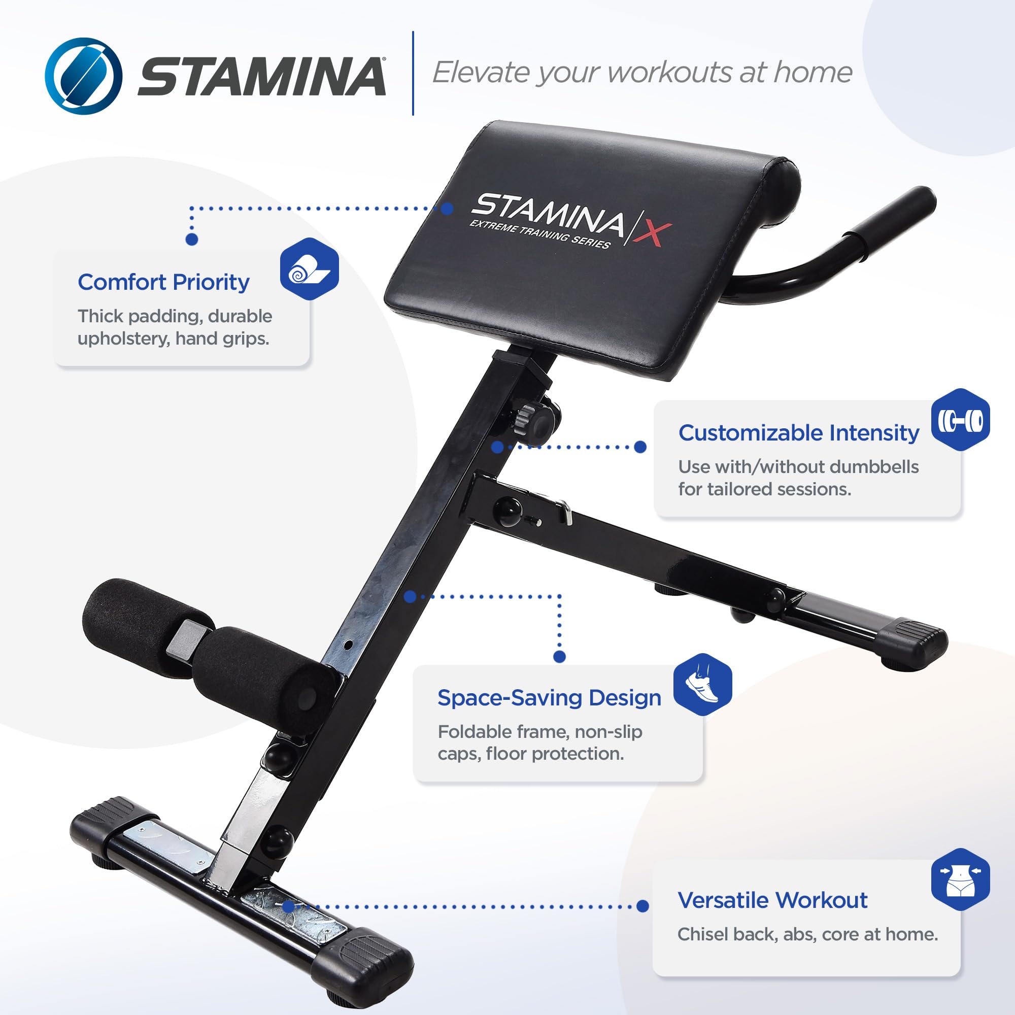 Stamina X Adjustable Ab, Back & Core Strength Training Bench - Hyperextension & Sit-Up Workout Equipment for Home Gym Fitness - Perfect for Full-Body Toning & Strength Building
