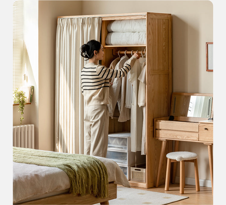Oak Solid Wood Wardrobe with Curtain Design - Elegant Closet Storage for Bedroom, Living Room & Dorm Organization