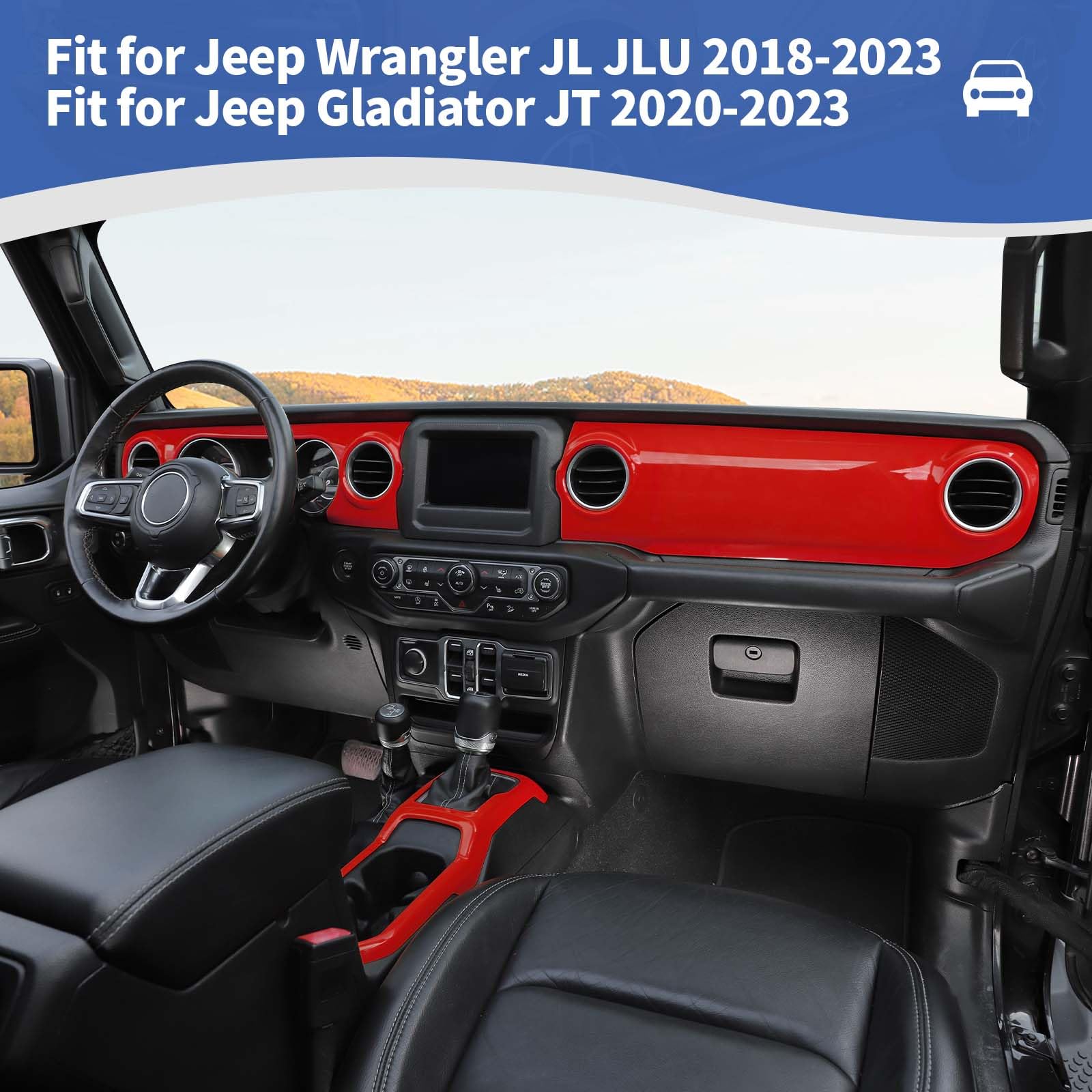 Red RT-TCZ Dash Trim Cover & Gear Shift Panel Trim Frame for Jeep Wrangler JL/JLU/Gladiator JT (2018-2023) - 3pc Interior Accessories - Upgrade Your Ride's Style & Protection