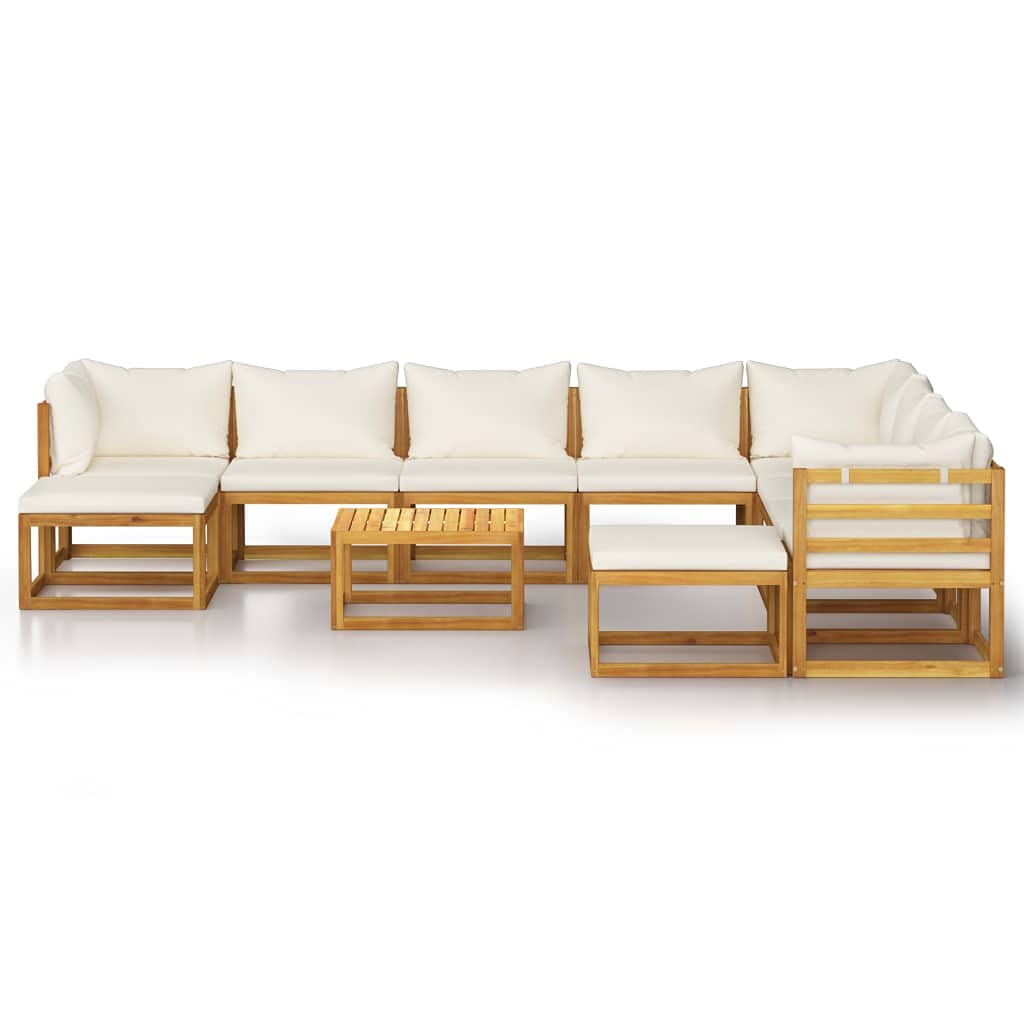 11-Piece Acacia Wood Patio Furniture Set with Comfortable Cushions - Cream Outdoor Garden Lounge & Conversation Chat Set for Backyard, Deck or Poolside Relaxation