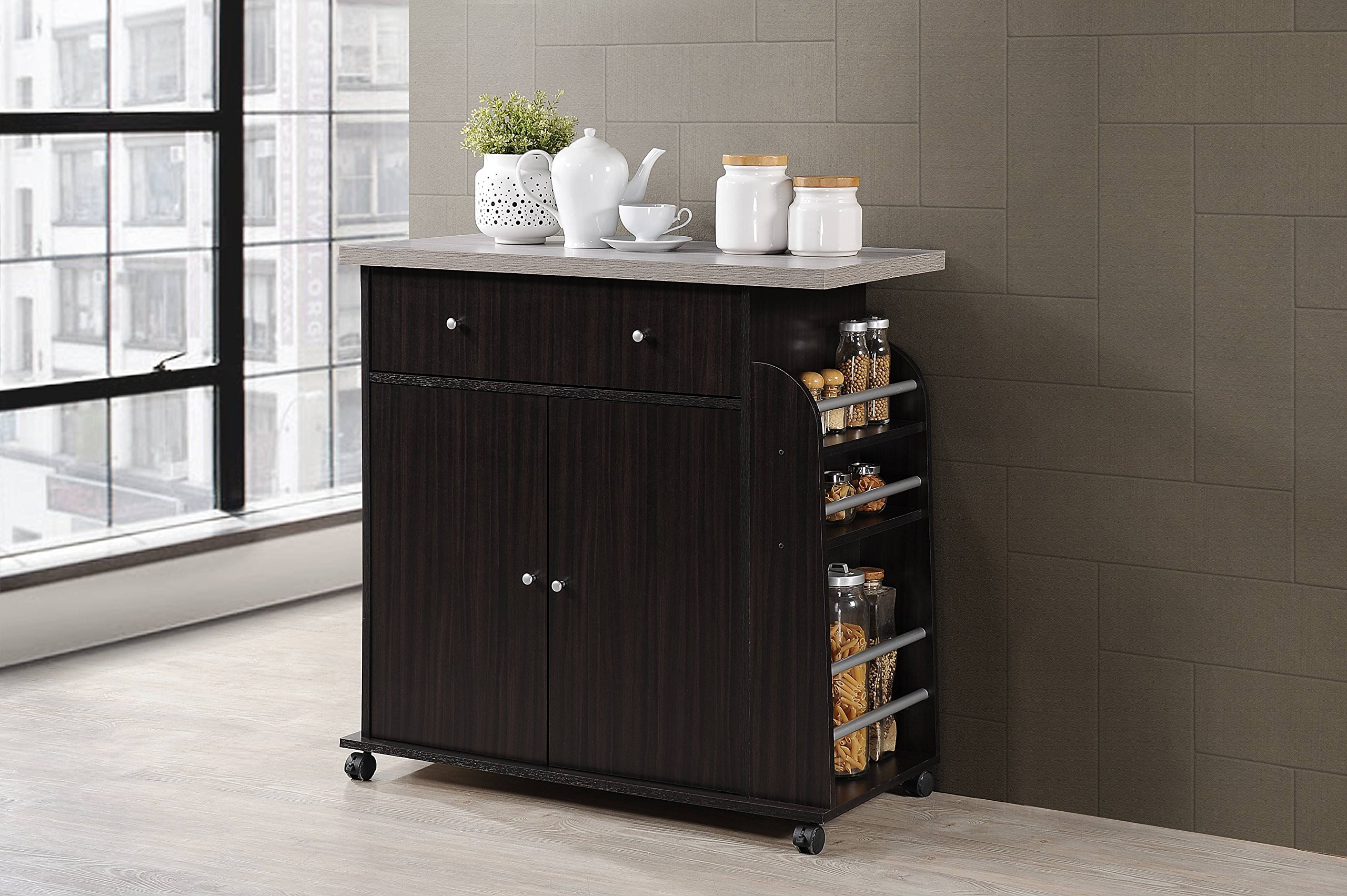 Hodedah Chocolate Kitchen Island with Spice Rack & Towel Rack - Portable Rolling Cart for Small Spaces, Extra Storage for Spices, Utensils & Towels - Perfect for Apartments, Dorms & Compact Kitchens