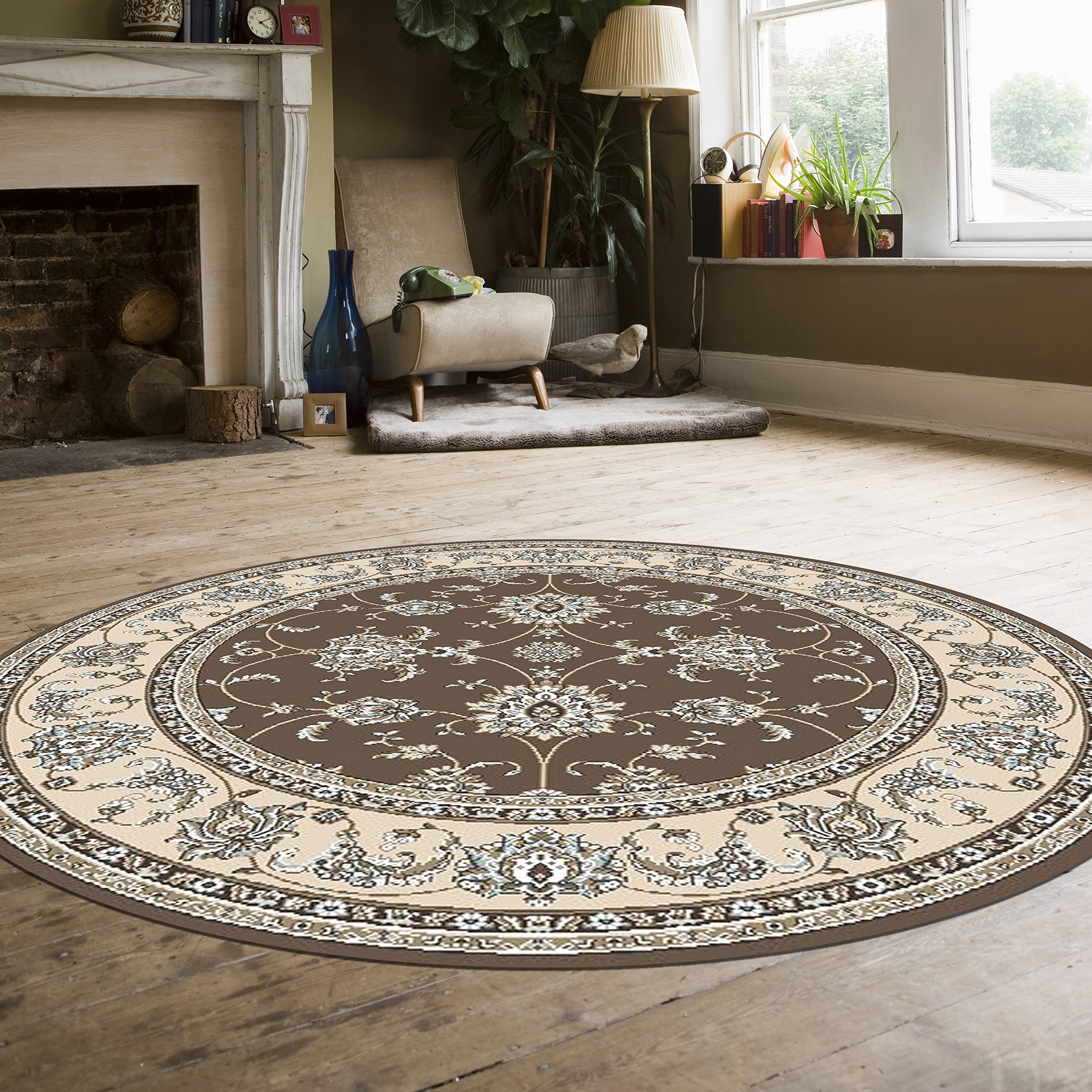 PISA Round Area Rug 5'3 x 5'3 Brown - Soft Non-Slip Living Room Rug for Bedroom, Nursery & Home Decor
