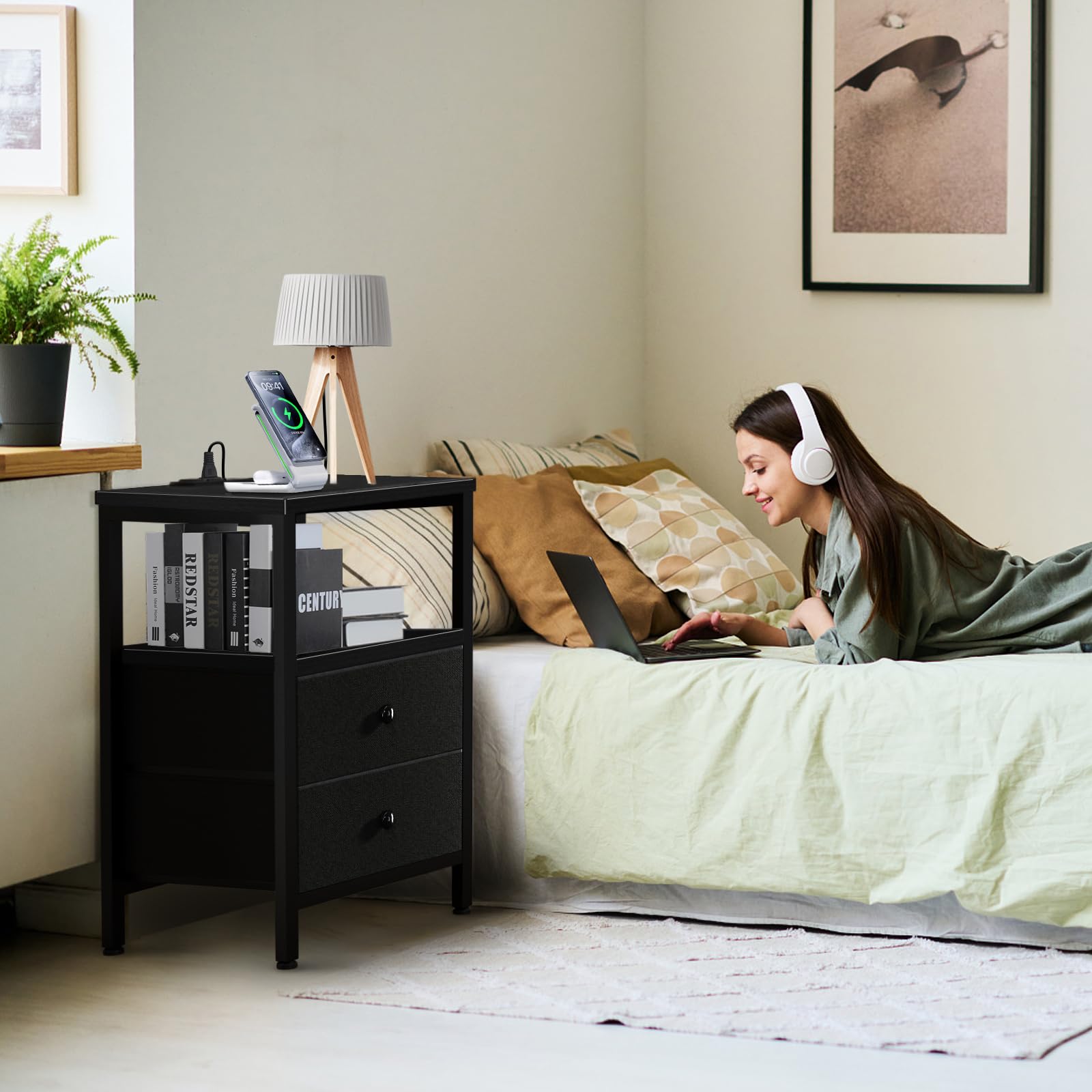 Modern Black Nightstand Set of 2 with USB Charging Station & Drawers - Bedroom End Tables for Dorm, Apartment & Master Bedroom - Perfect for Phones, Lamps & Bedside Storage