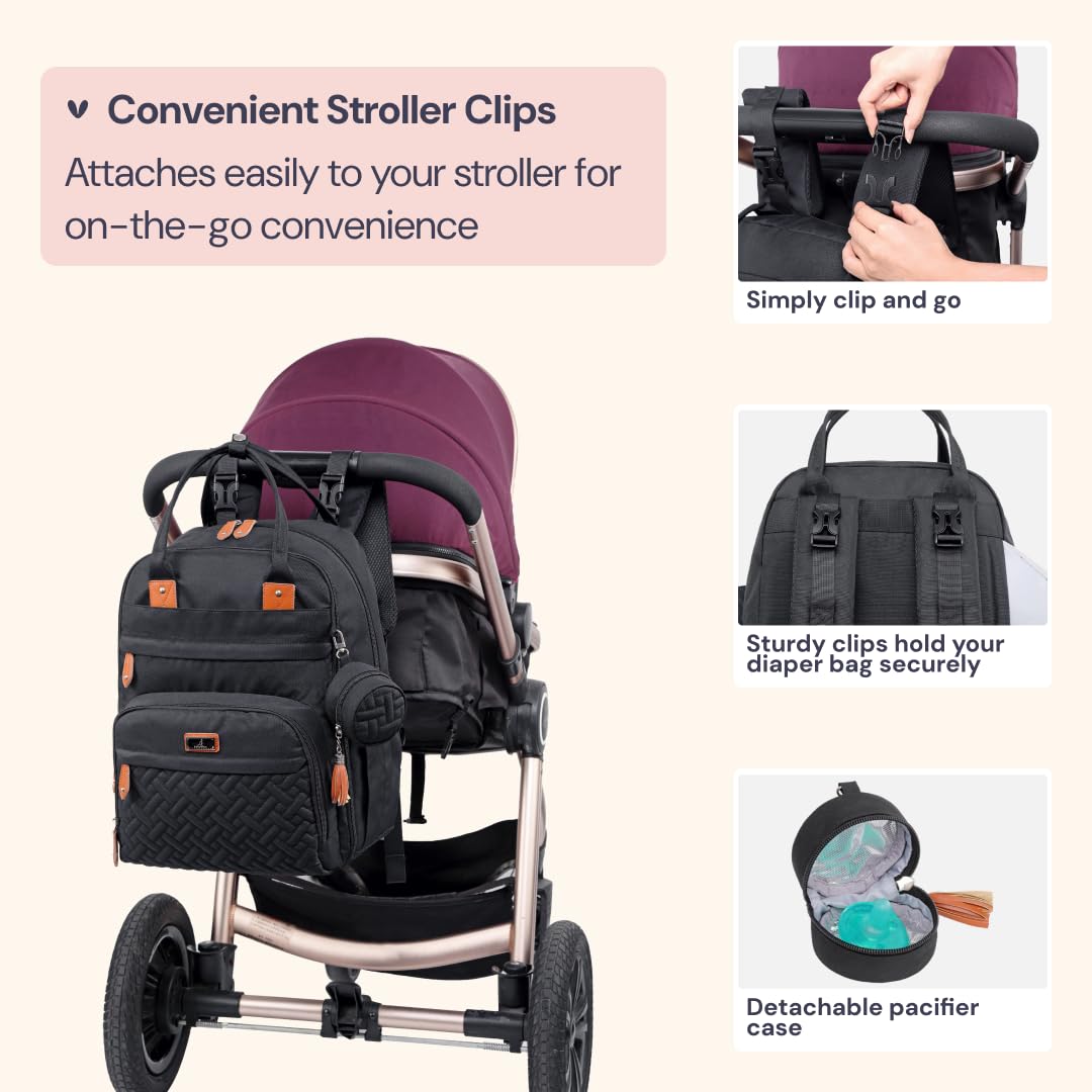 BabbleRoo Waterproof Diaper Backpack - Multifunctional Baby Travel Bag with Changing Pad, Stroller Straps & Pacifier Case - Unisex Black Diaper Bag for Parents - Perfect for Daycare, Travel & On-the-Go Parenting