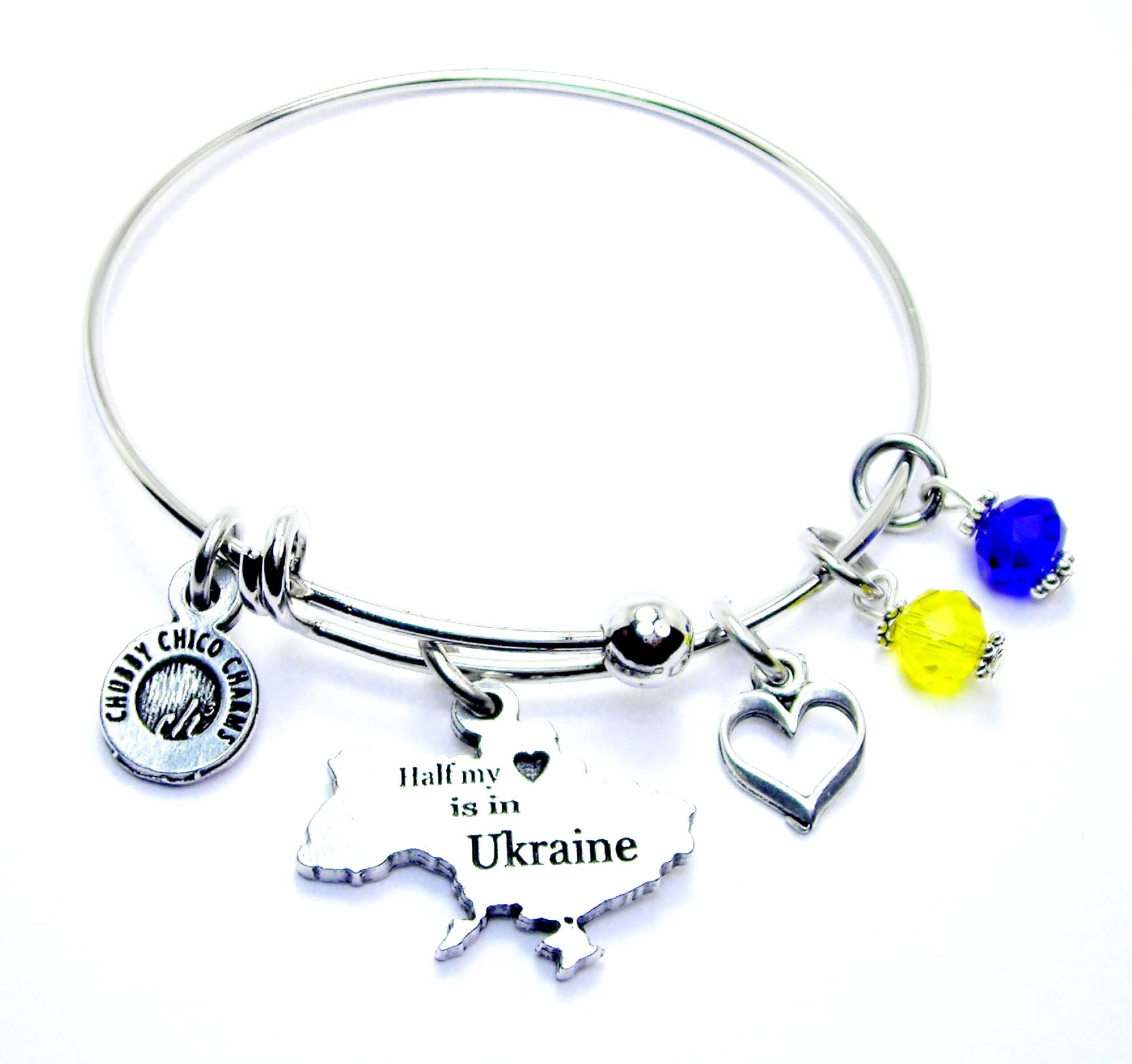 Half of My Heart is in Ukraine Charm Bracelet - Crystal & Accent Charms Bangle for Women - Perfect Gift for Supporters, Friendship & Special Occasions