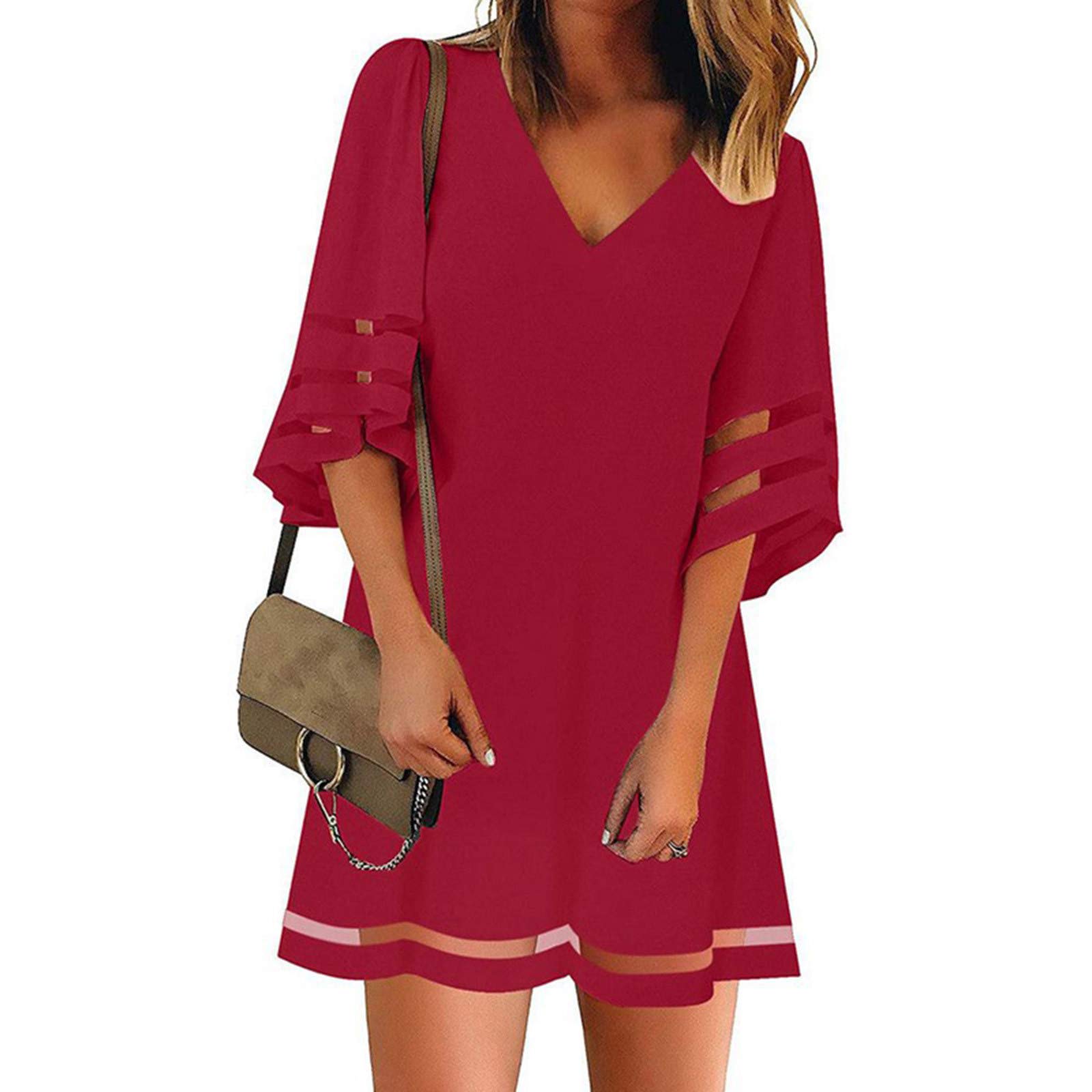 Floral Tunic Dress for Women - Lightweight Net Yarn Summer Mini Dress with Flared Sleeves | Casual Loose Fit Short Sleeve T-Shirt Dress for Beach, Vacation & Everyday Wear