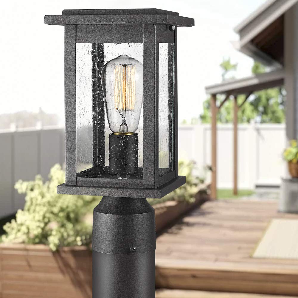 Emliviar 2 Pack Black Outdoor Post Light Fixtures with Seeded Glass - Waterproof Exterior Pillar Lights for Garden, Patio, Walkway & Porch Lighting