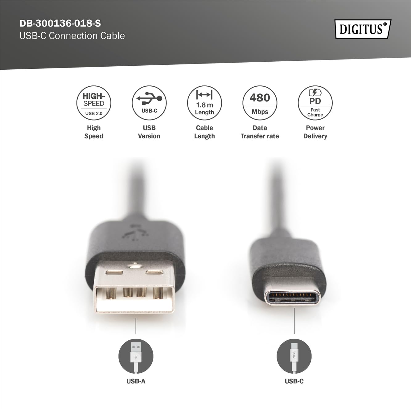 Digitus USB 2.0 Cable A to C 1.8m (6ft) High-Speed 480Mbps Data Transfer for Smartphones, Laptops, Tablets - Perfect for Charging & Syncing Devices Like MacBook, Samsung Galaxy, iPad