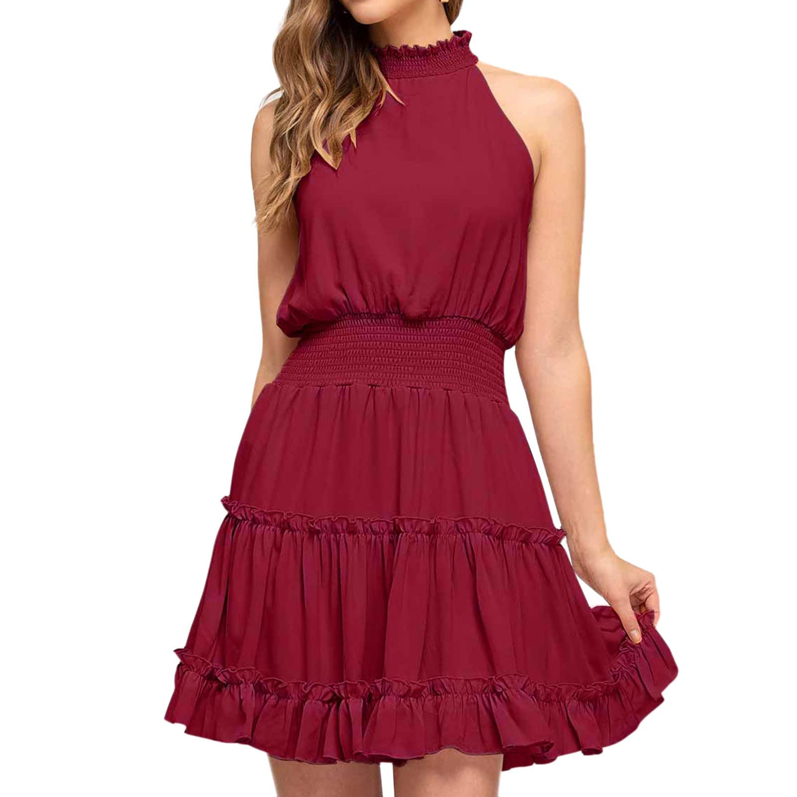 Women's Halter Neck Beach Dress - Summer Sleeveless Backless Ruffle Hem Casual Dress for Petite - Perfect for Vacation, Pool Party & Summer Outings