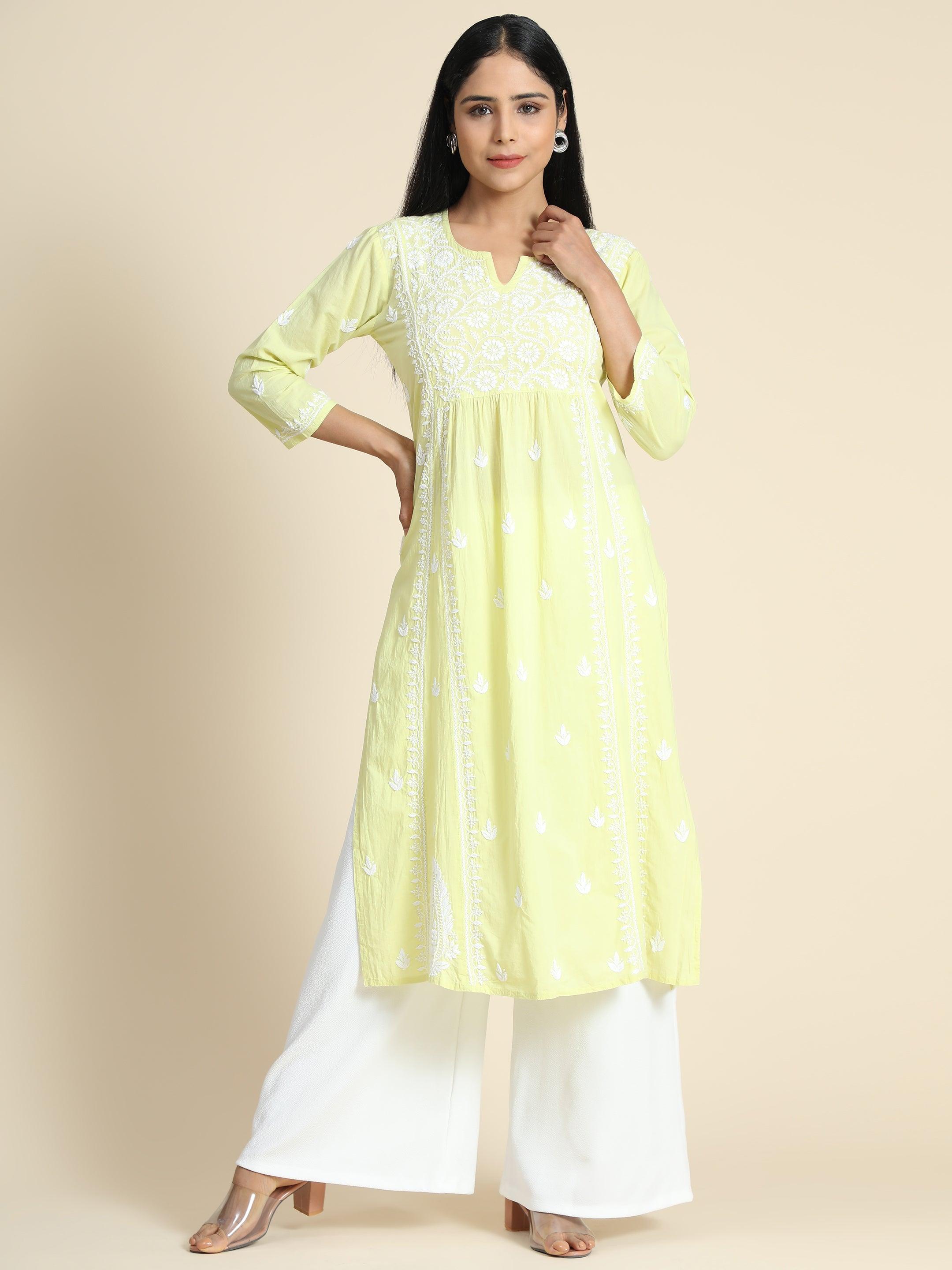 Pia Raeng HOK Chikankari Kurti for Women - Light Green Ethnic Embroidered Tunic Top | Perfect for Festivals, Weddings & Casual Wear