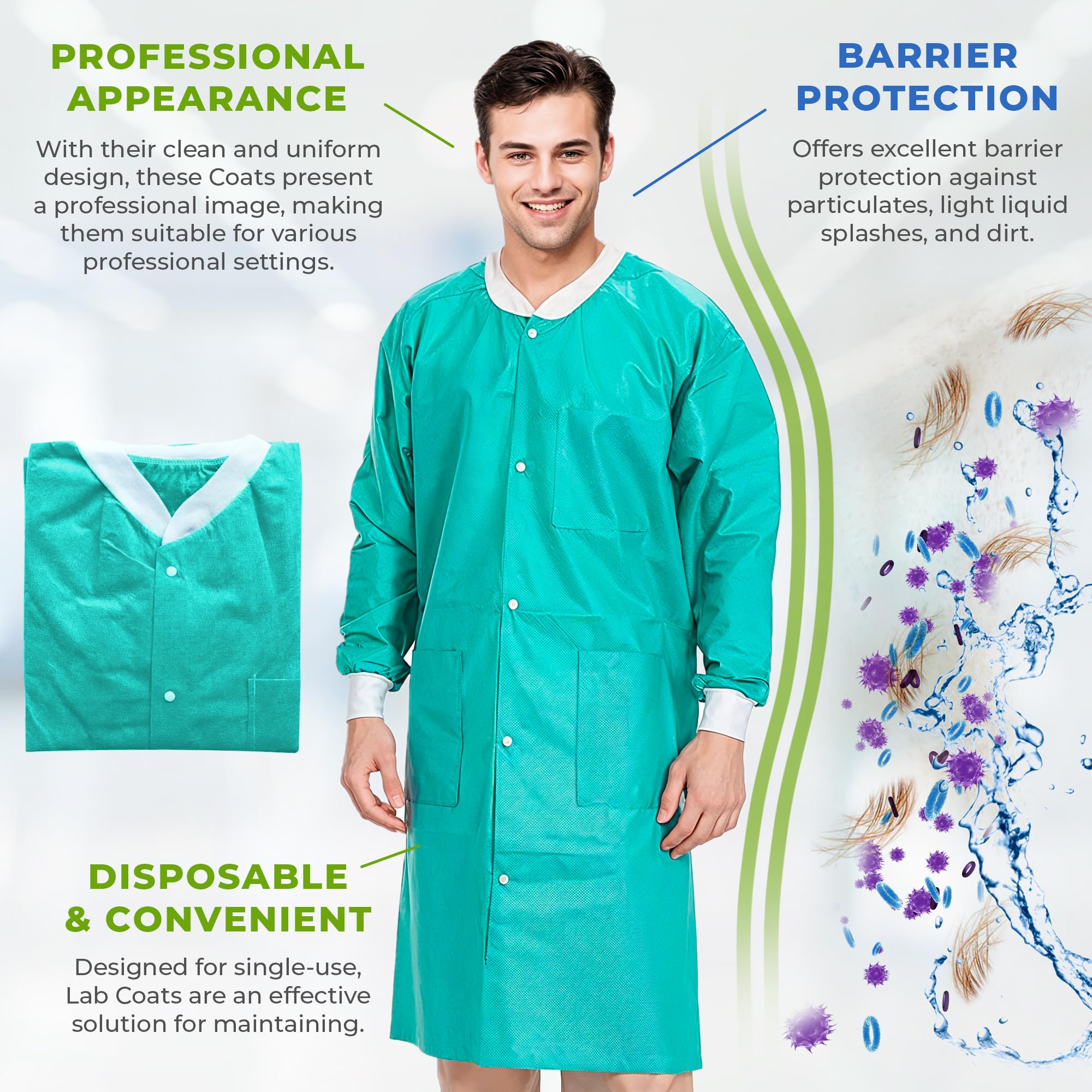 Disposable Lab Coats for Adults - 2X-Large Pack of 50, Teal Blue SMS Knee-Length Medical Lab Coats (45 GSM) with Cuffs, Collar & 3 Pockets - Ideal for Medical, Dental, Painting & Laboratory Use