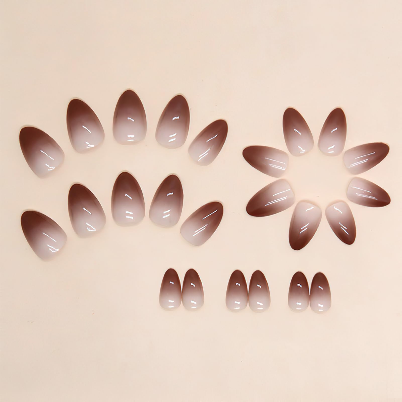 Gradient Brown Chrome Press on Nails - Medium Almond Fake Nails with Mirror Metal Design | Glossy Ombre Acrylic Glue on Nails for Women & Girls | 24Pcs Manicure Set for Parties, Weddings & Special Occasions