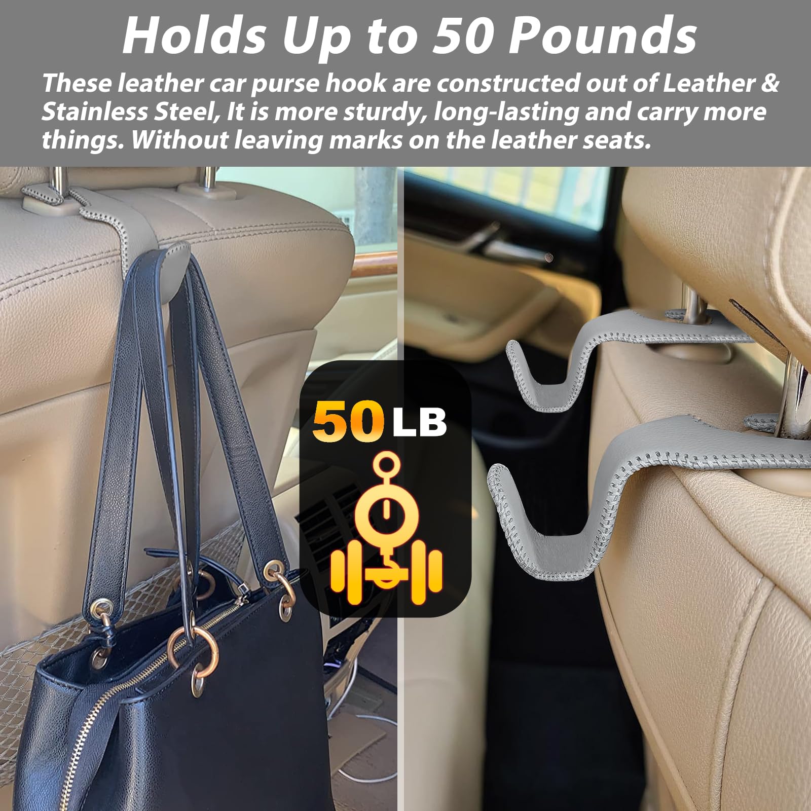 2 Pack Car Purse Hook & Headrest Hanger - Durable Grey Seat Hook Holder for Purses, Bags & Groceries - Perfect Car Accessories for Organization & Shopping Trips