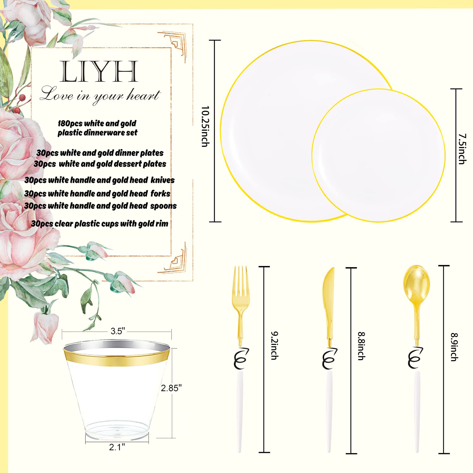 180-Piece Gold Plastic Dinnerware Set - Elegant White Plates with Gold Rim, Disposable Cutlery with White Handles & Solo Cups for 30 Guests | Perfect for Weddings, Birthday Parties, Baby Showers & Formal Events