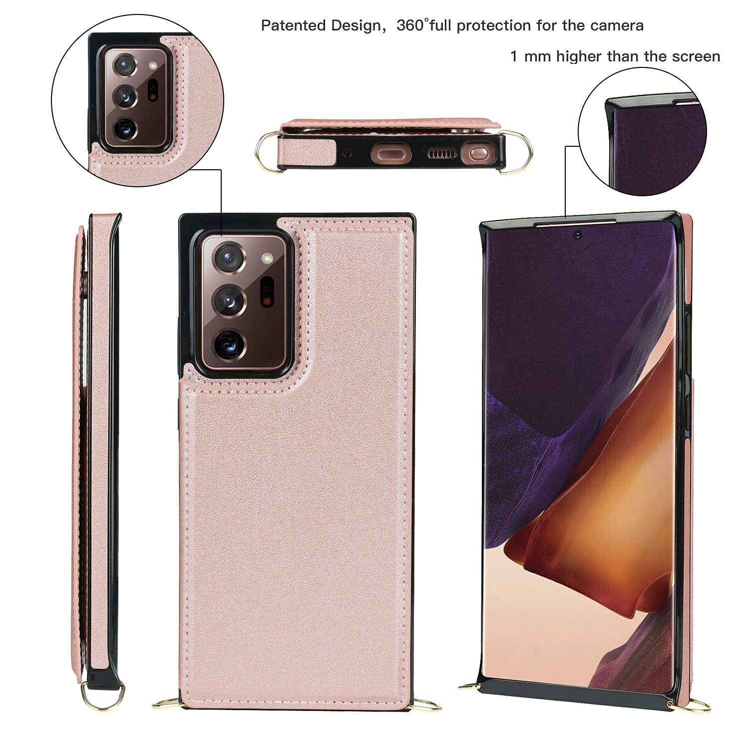 CCSmall Removable Crossbody Wallet Case for Samsung Galaxy Note 20 Ultra - Card Holder & Shockproof Purse Cover with Detachable Strap (Rose Gold) | Perfect for Travel, Shopping & Everyday Use
